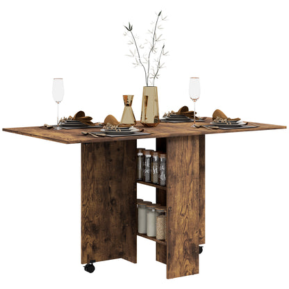 Extendable Dining Table, Collapsible Folding Table w/ 2-tier Shelves and Rolling Casters, Rustic Brown Dining Tables at Gallery Canada