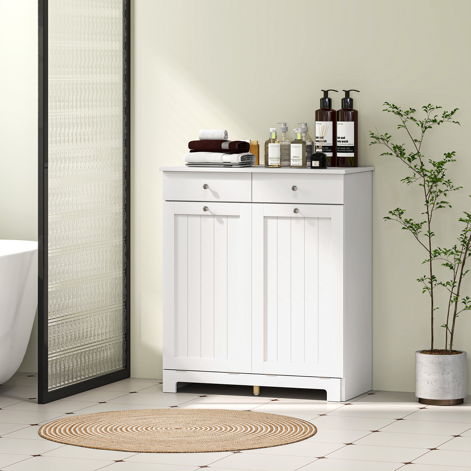 Laundry Cabinet, Tilt Out Laundry Hamper Cabinet with 2 Baskets, Bathroom Hamper Cabinet with 2 Drawers, White Bathroom Cabinets at Gallery Canada
