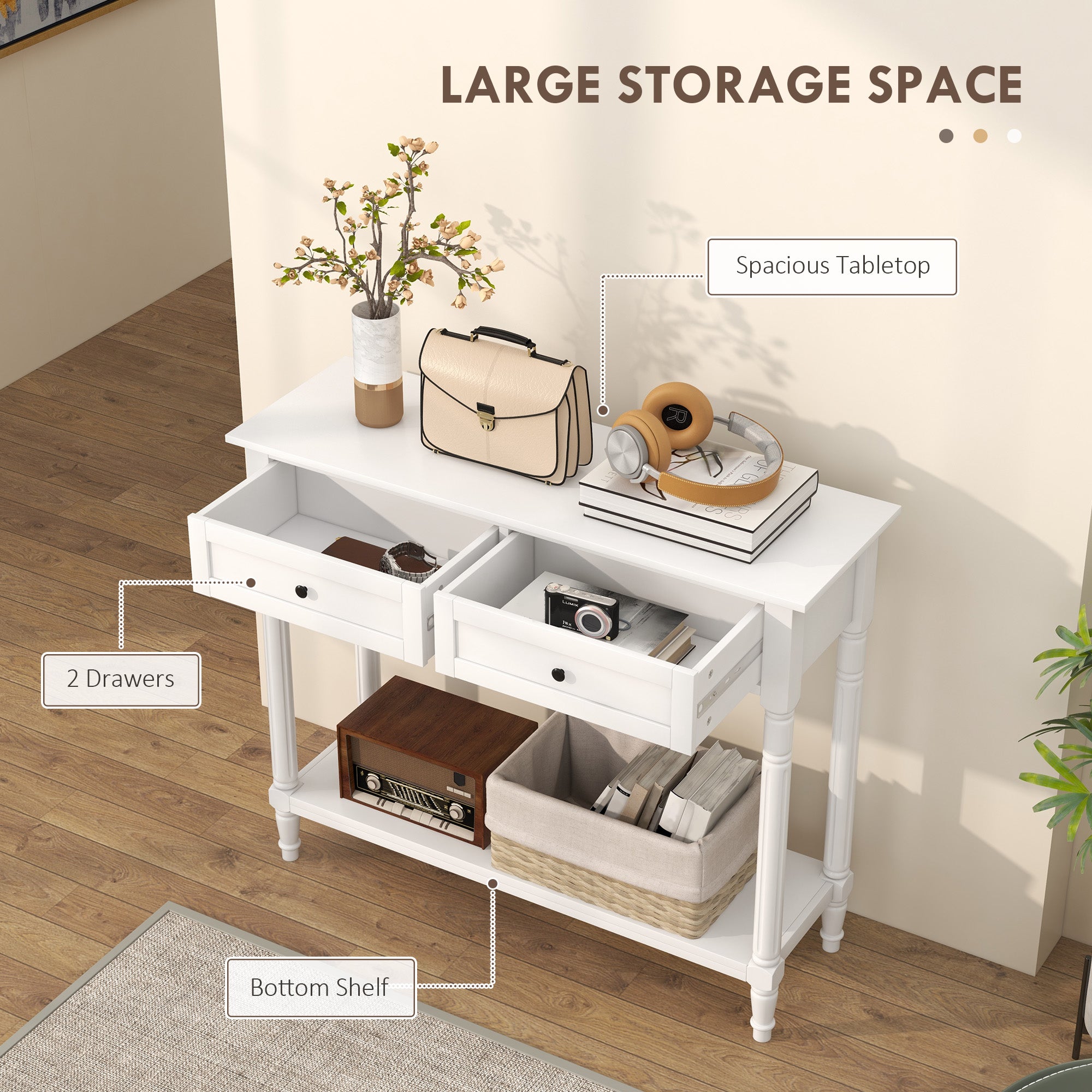 Hallway Console Table, Modern Entryway Table with 2 Drawers, Storage Shelf, Turned Legs for Living Room, Bedroom, White Console Tables at Gallery Canada