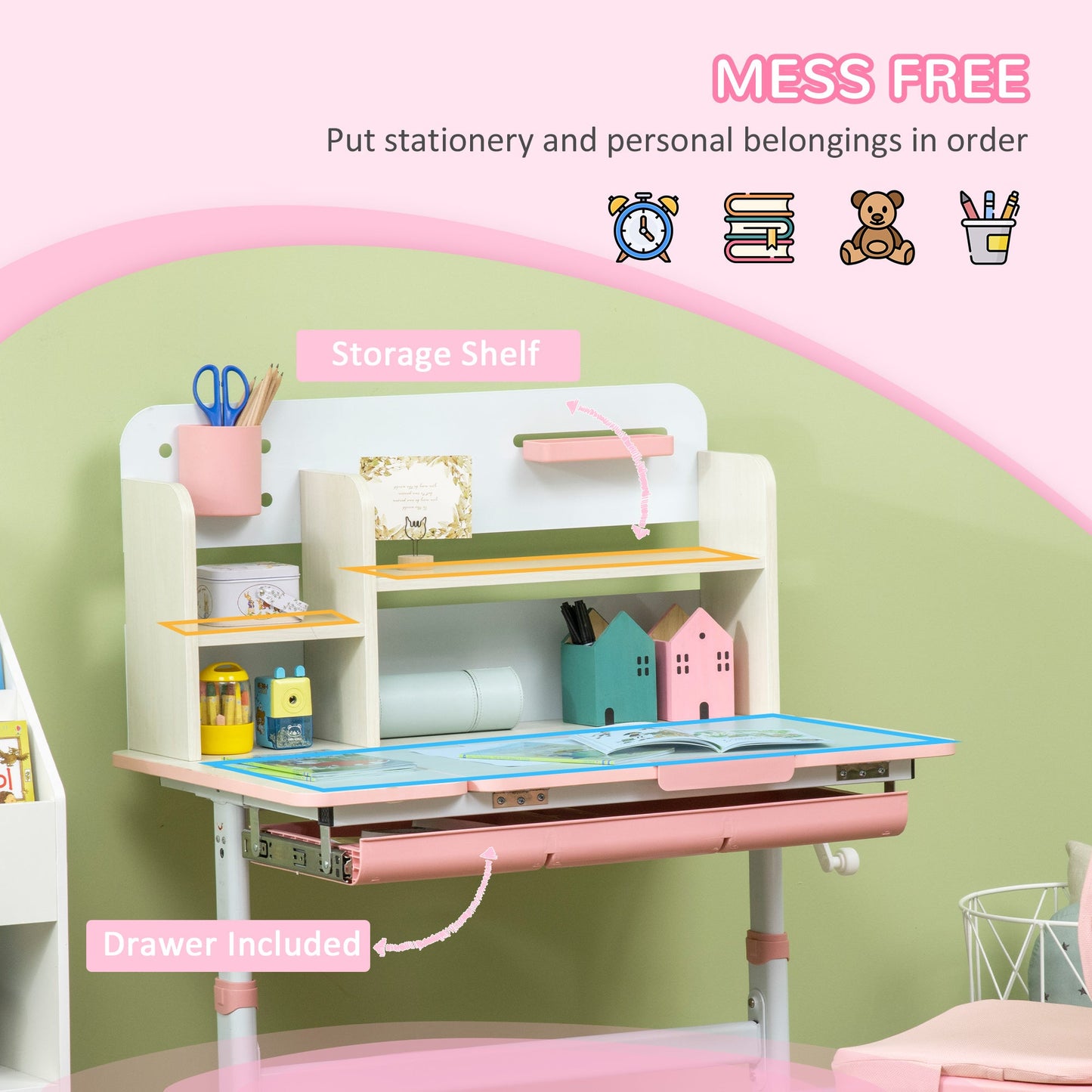 Kids Desk and Chair Set, Height Adjustable Student Writing Desk &; Chair with Adaptive Seat Back, Footrests, Bookshelf, Drawer, Pen Holder, Pink Kids Desk Sets   at Gallery Canada