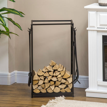 Firewood Rack with 4 Tools, Log Holder for Fireplace, Outdoor Indoor Wood Storage Stacker, 18.1" x 11.8" x 27.6", Black Firewood Racks   at Gallery Canada