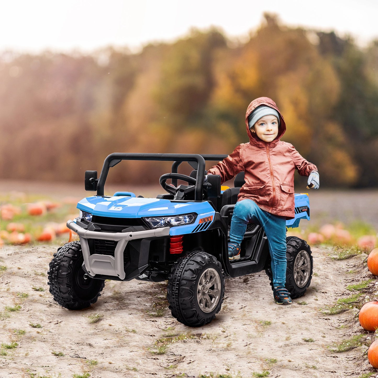 12V Ride on Car with Electric Bucket, Two-Seater, Shovel, Remote Control, Spring Suspension, Horn, Music, Blue Electric Toy Cars Multi Color  at Gallery Canada