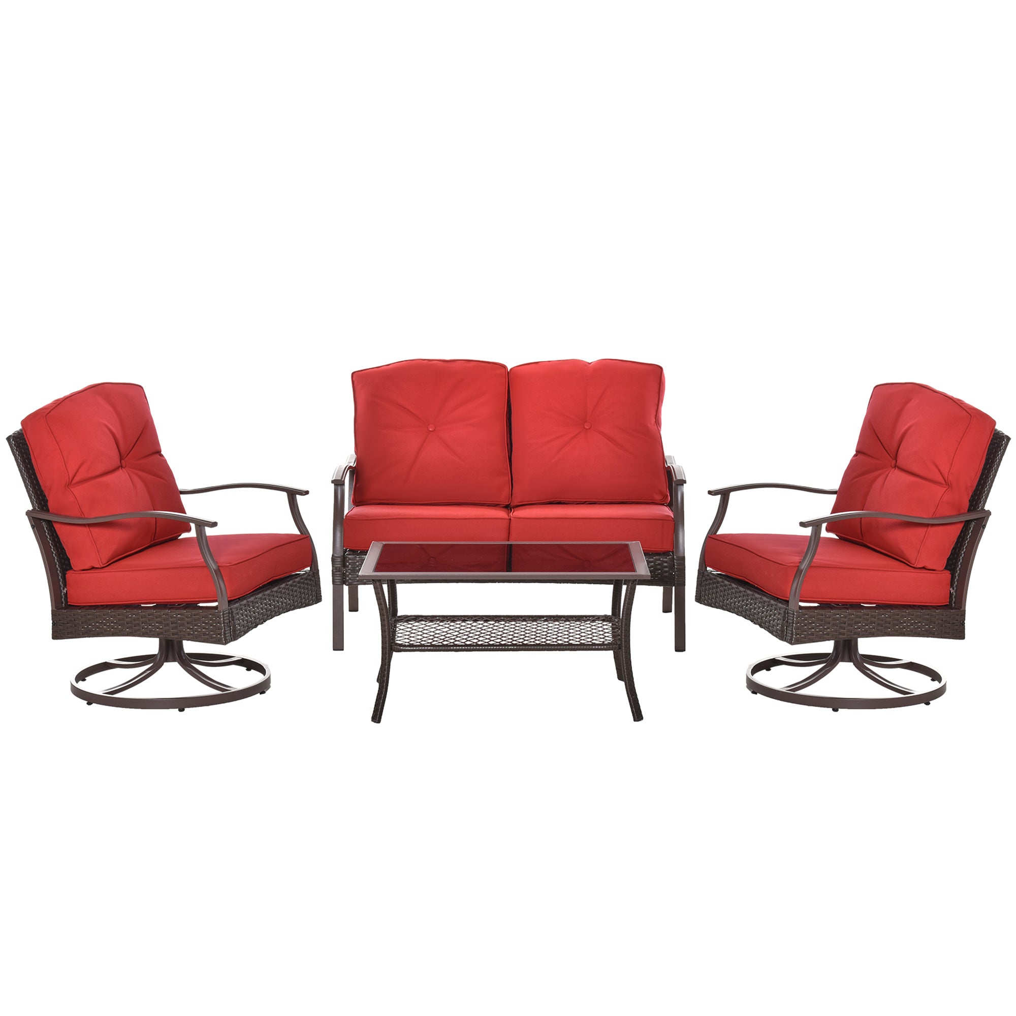 4 PCS Patio PE Rattan Wicker Sofa Set Outdoor Conversation Furniture w/ Two Tier Tea Table &; Cushions, Red Patio Furniture Sets Red, Brown at Gallery Canada