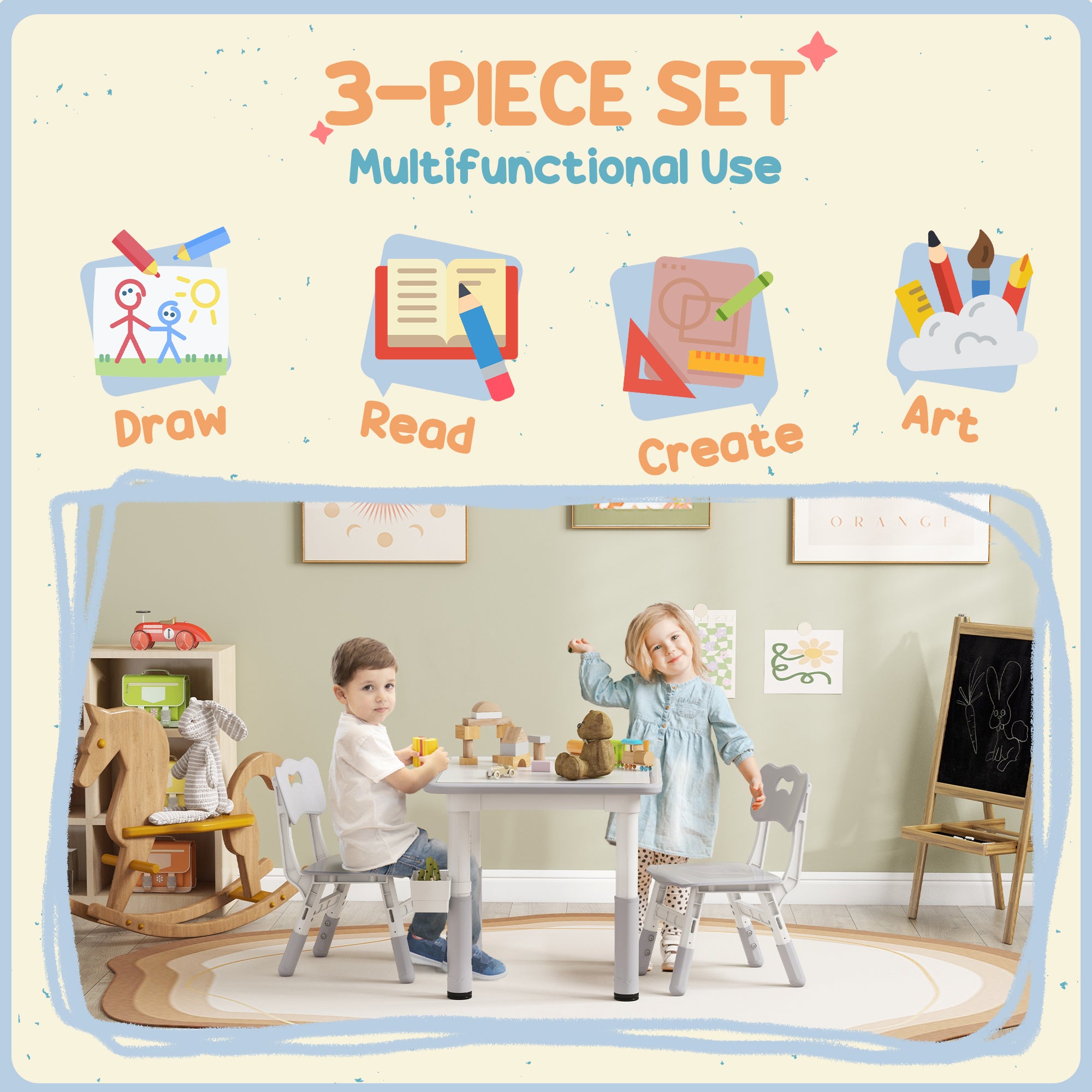 3 Pieces Toddler Table and Chair Set, Height Adjustable Kids Table and Chair Set w/ Storage, for Playroom Grey Kids Table Sets   at Gallery Canada