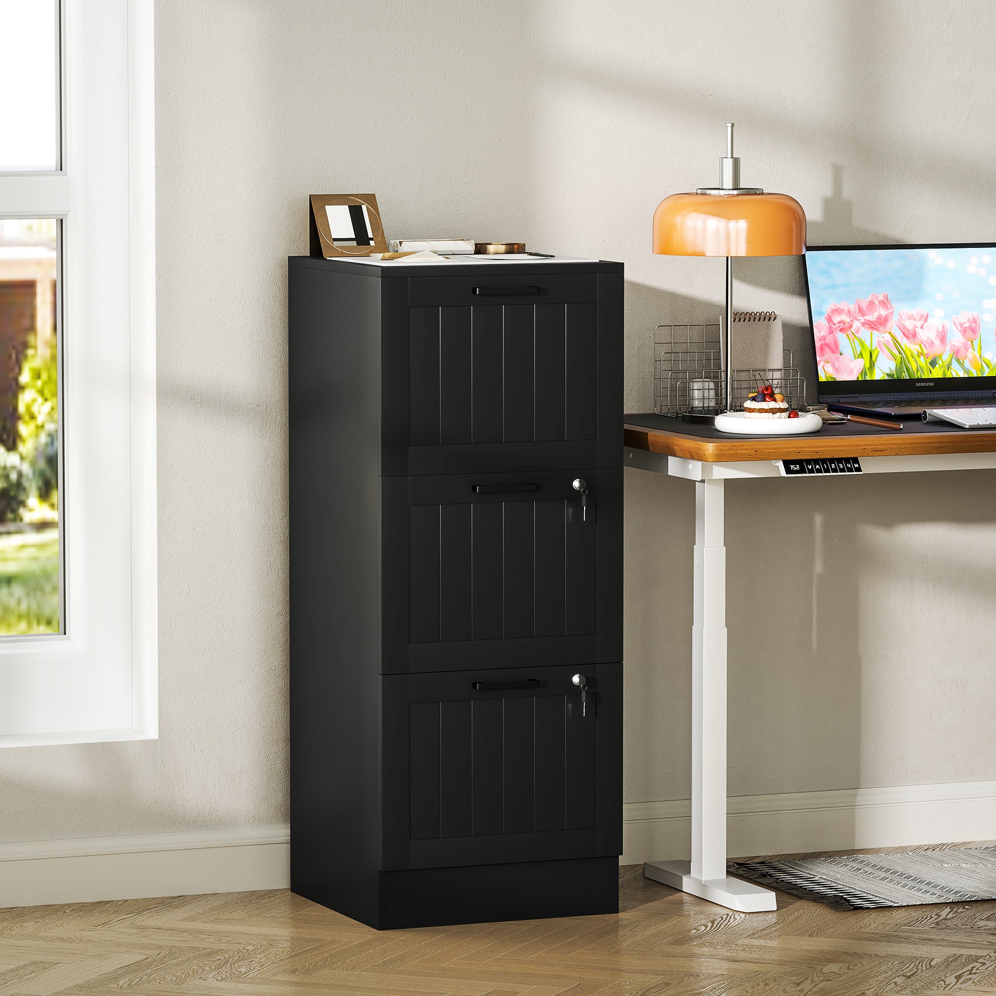 3 Drawer Filing Cabinet with Lock, Office Storage Cabinet with Adjustable Hanging Bars for A4 Letter Size Files, Black Office Cabinets & Cupboards Black at Gallery Canada