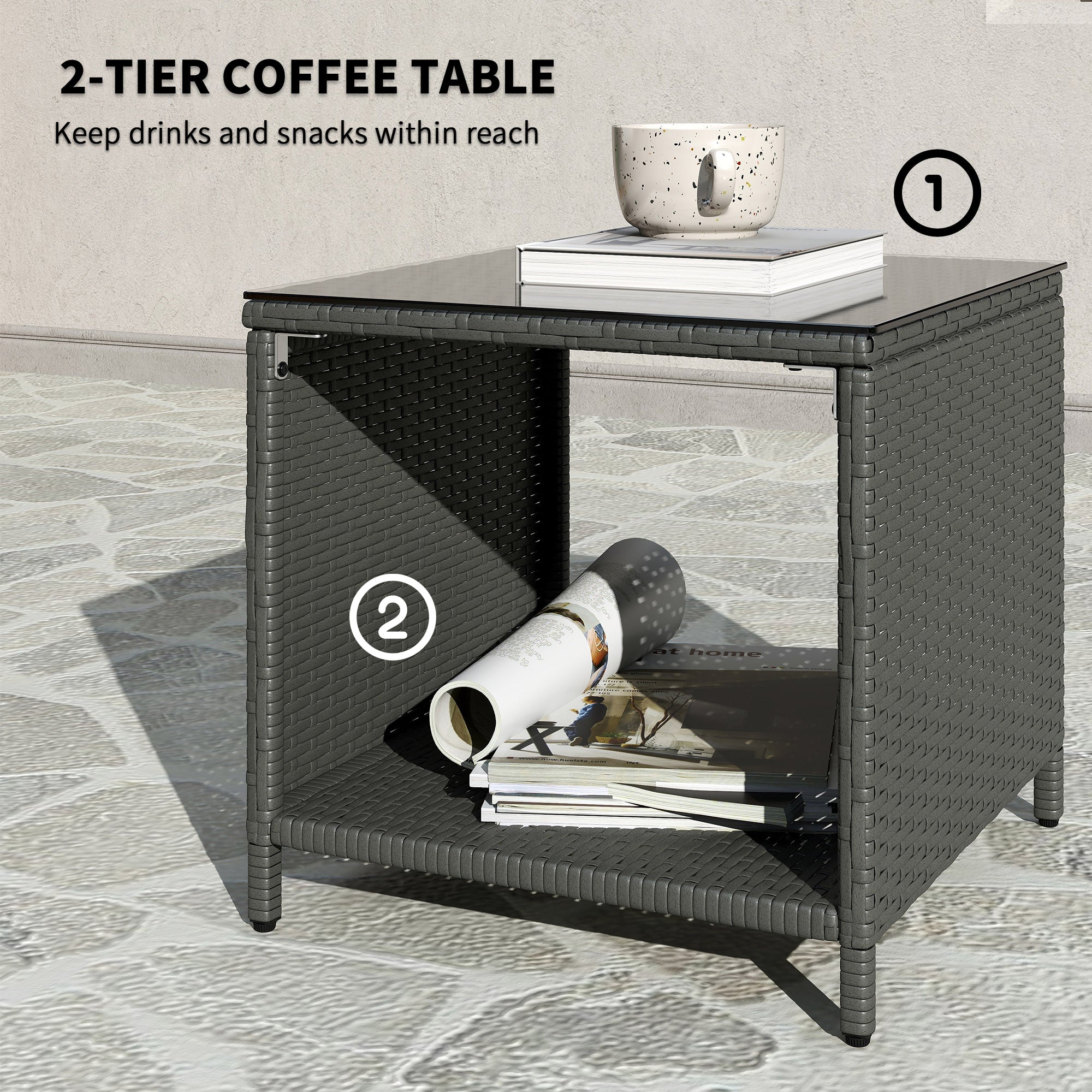 5 Piece Rattan Balcony Furniture Set, Wicker Outdoor Furniture Set with 2-Tier Coffee Table, Ottomans, Grey Patio Furniture Sets at Gallery Canada