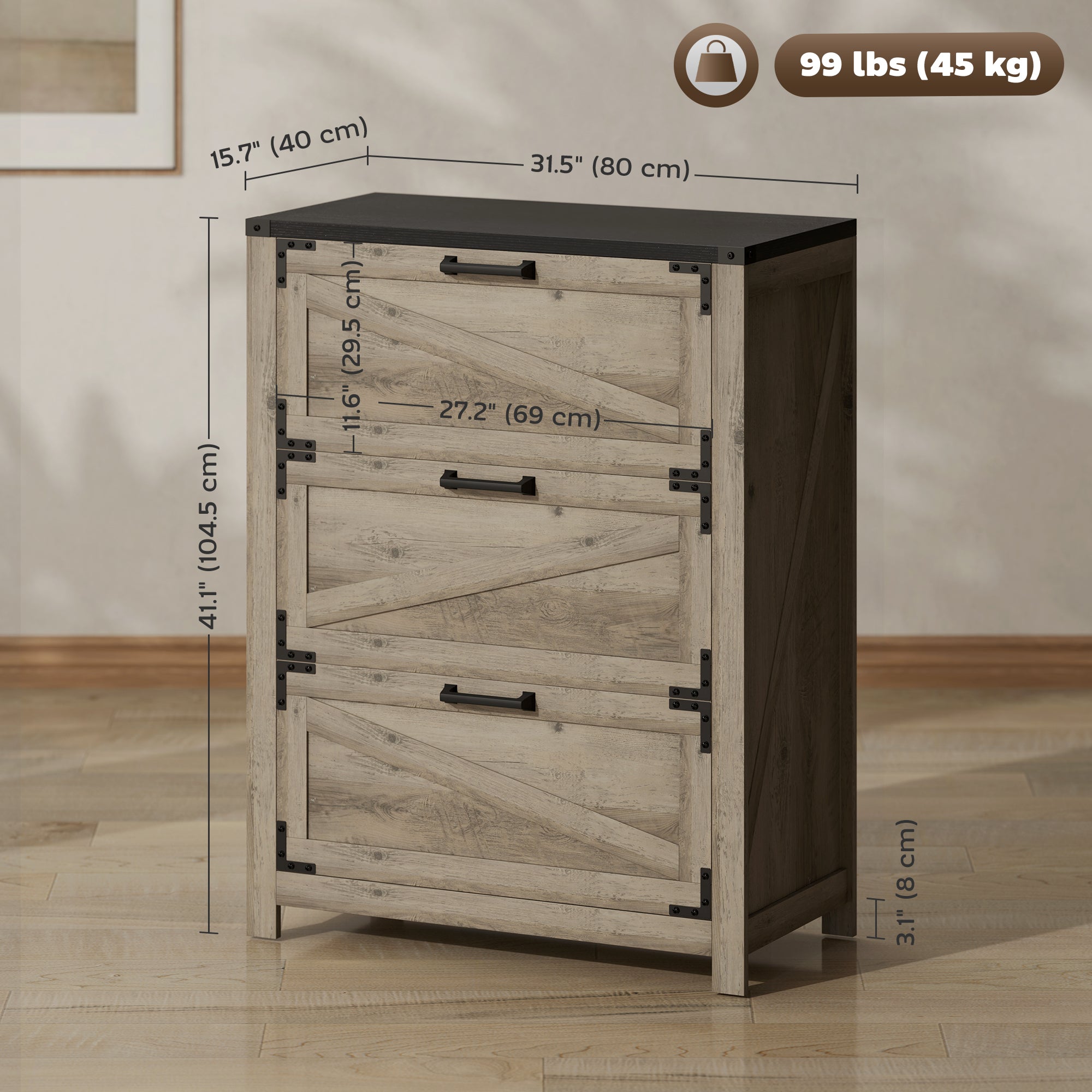 3 Drawer Filing Cabinet, Farmhouse Office Storage Cabinet with Adjustable Hanging Bars for Letter, A4, Legal Size, Grey Office Cabinets & Cupboards at Gallery Canada