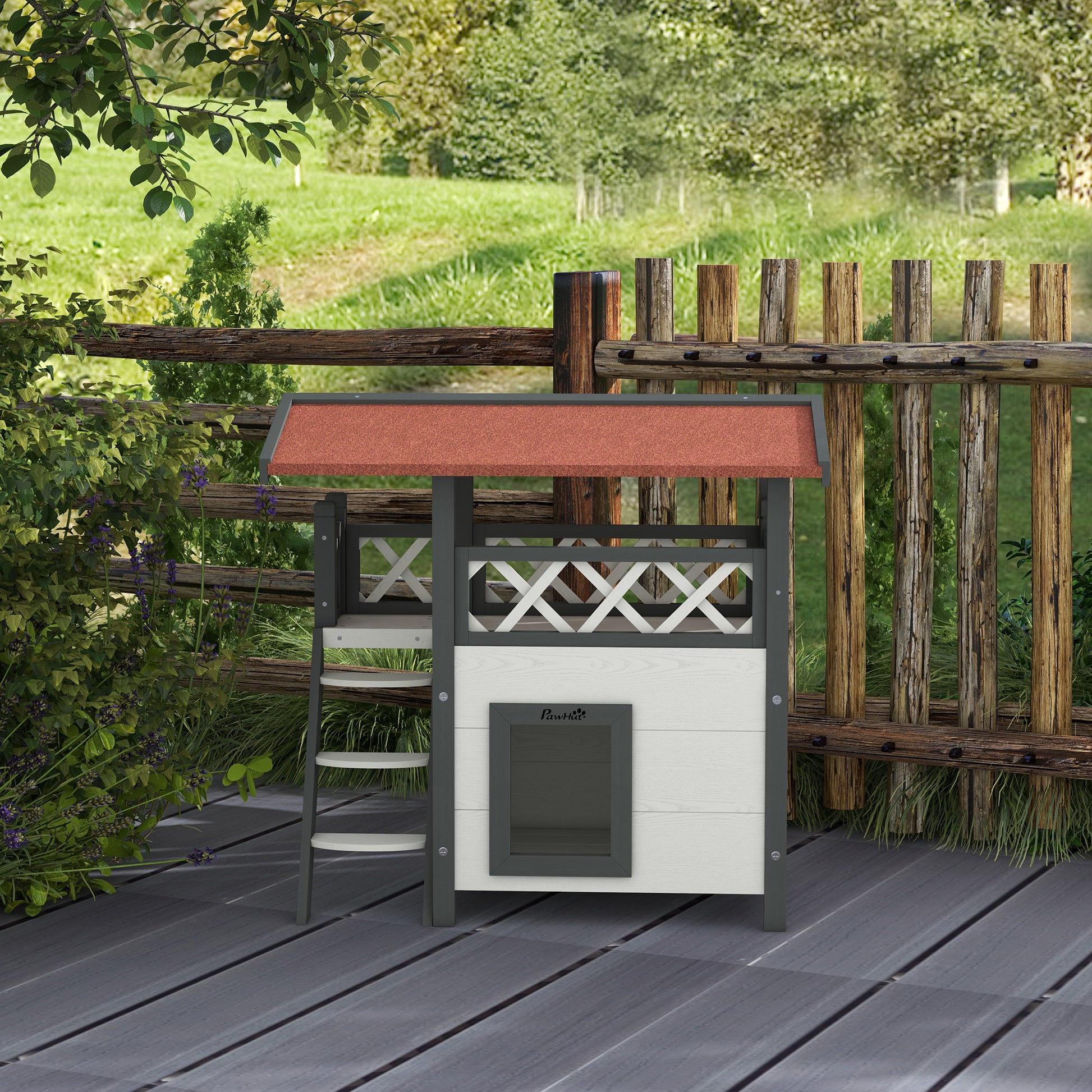 Wooden 2-Story Shelter for Feral Cats with Asphalt Roof, Stairs, Balcony, 30" x 20" x 29", Grey Cat Houses   at Gallery Canada