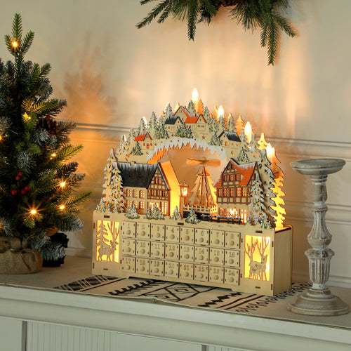 Wooden Christmas Advent Calendar with 24 Fillable Countdown Drawers and LED Lights, Battery Operated, Reusable