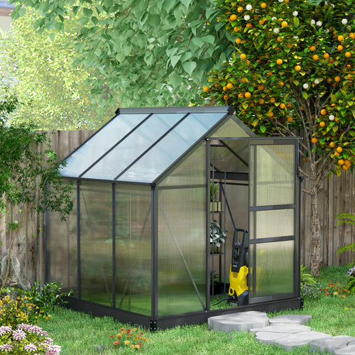 Greenhouse Garden, Green House, Outdoor Greenhouse Kit, PC Board with Sliding Door, 6.2' x 6.3' x 6.6', Grey