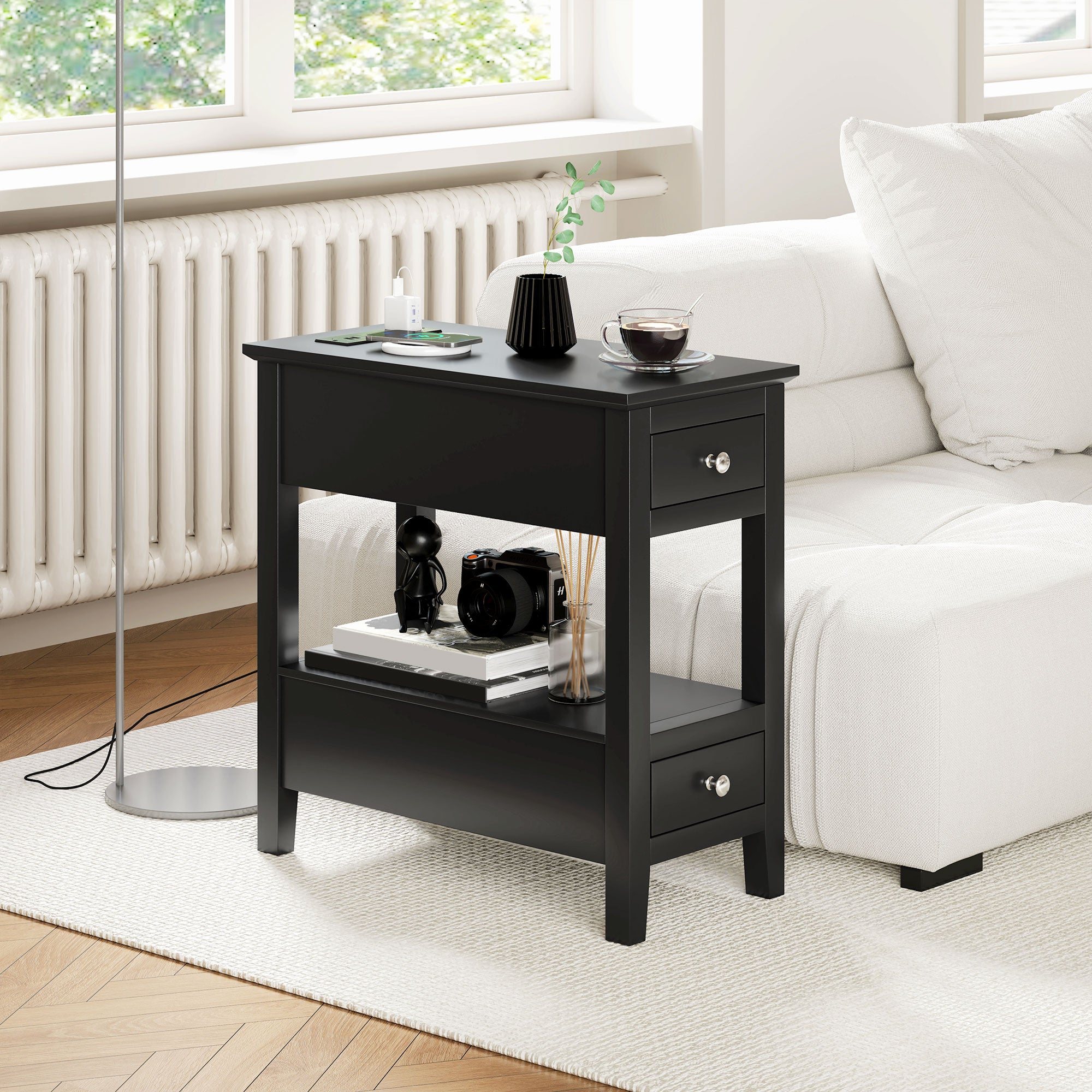 Narrow Side Table with Charging Station, USB Ports, Modern End Table with Storage Shelf, Drawers for Living Room, Black Side Tables   at Gallery Canada