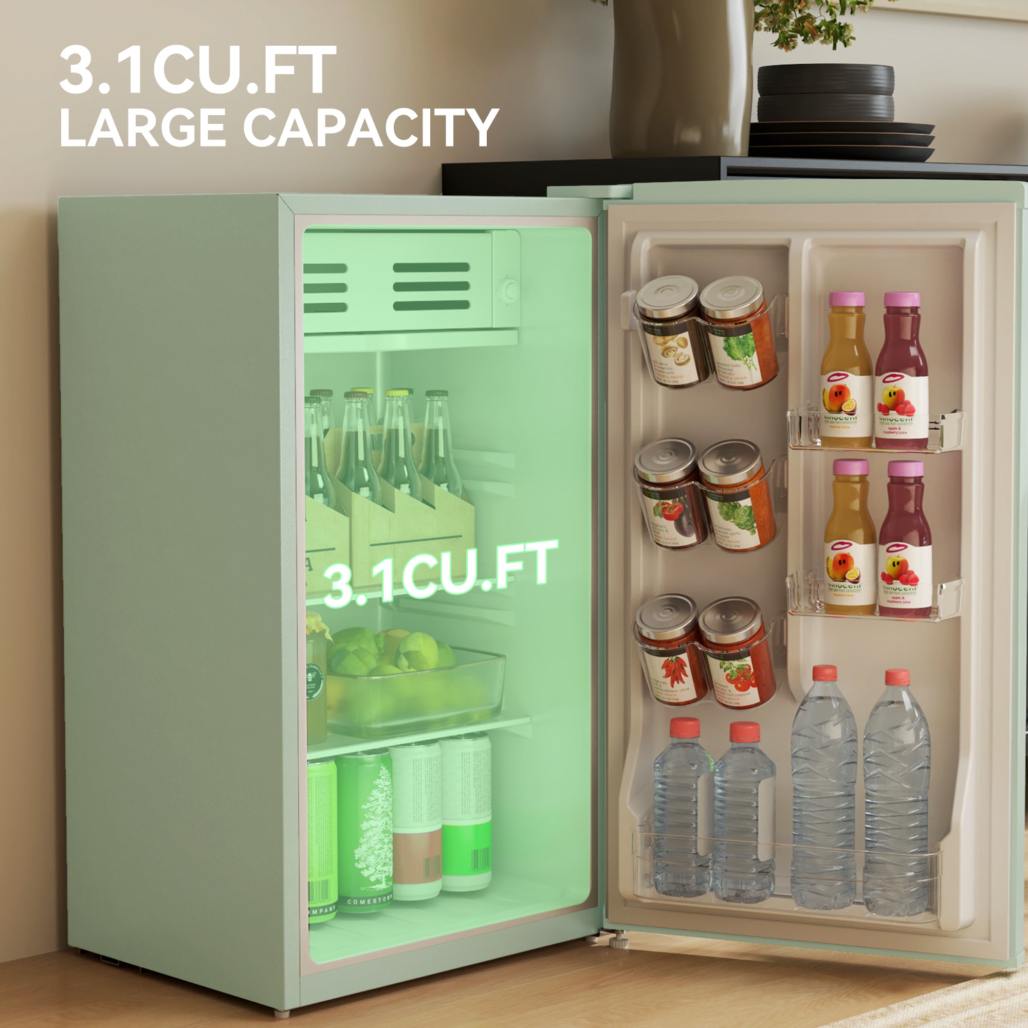 Retro Mini Fridge, 3.1 Cu. Ft Single Door Compact Refrigerator with Adjustable Thermostat, 2 Glass Shelves, Green Small Kitchen Appliances at Gallery Canada