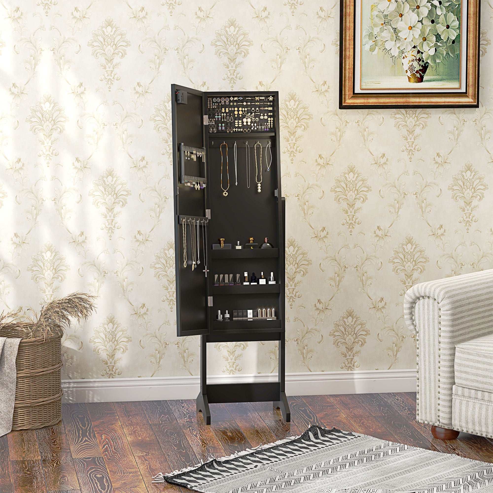 Free Standing Armoire Organizer, Lighted Mirrored Jewelry Cabinet w/ Angle Adjustable &; 16 LED Lights Black Jewelry Armoire & Jewellery Mirror Cabinets at Gallery Canada
