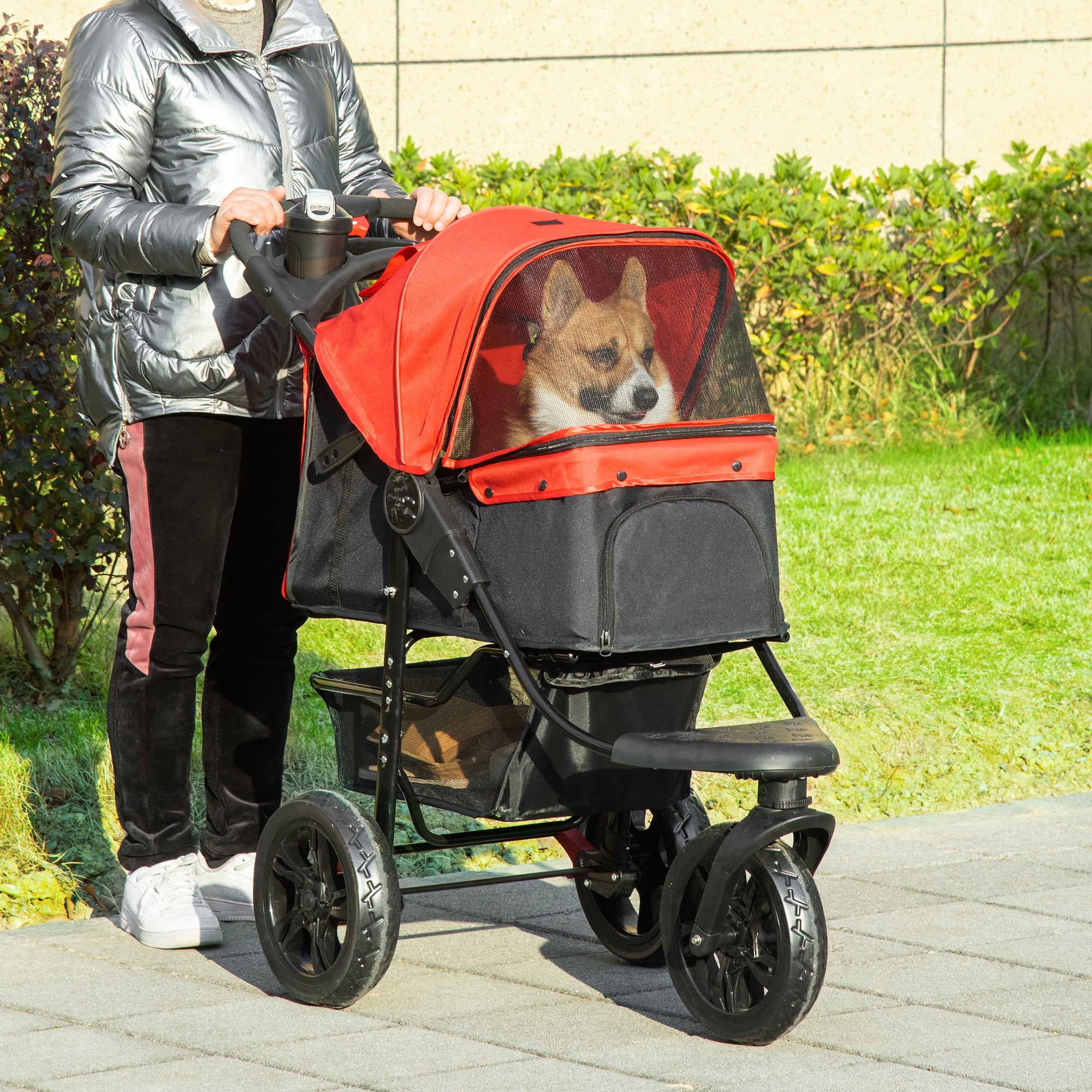 3 Wheel Folding Dog Stroller, Jogger Travel Carrier with Adjustable Canopy, Storage Brake, Mesh Window for S&;M Dogs, Red Dog Bike Trailers & Strollers at Gallery Canada