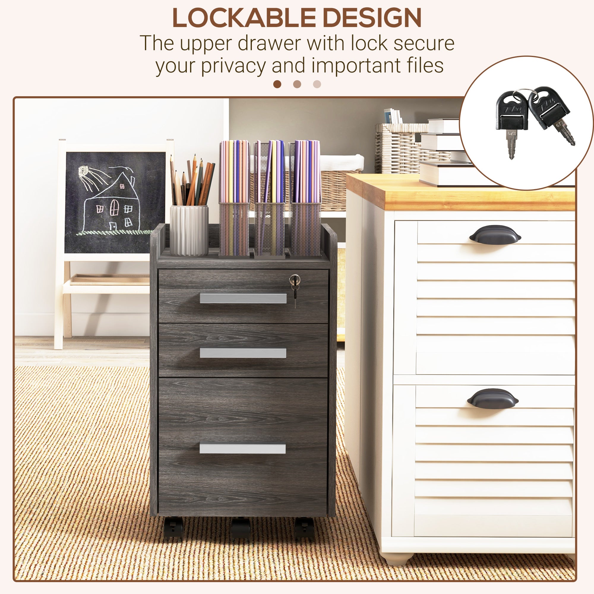 3 Drawer Vertical File Cabinet, Mobile Filing Cabinet with Lock and Wheels for A4, Letter Size, Grey Office Cabinets & Cupboards at Gallery Canada