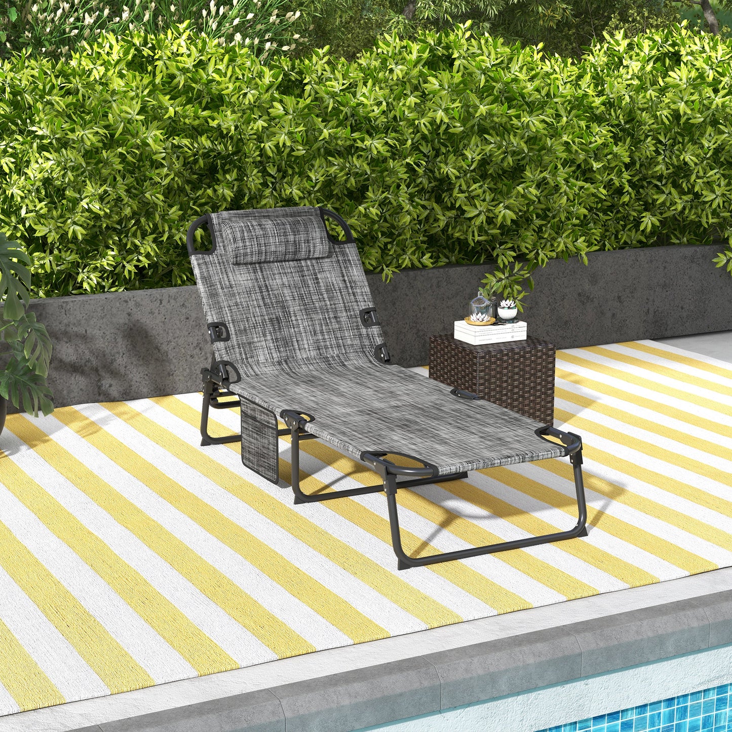 Folding Outdoor Lounge - Tanning Chair with 4-level Reclining Back, with Cushion, Breathable Mesh, Side Pocket, Headrest, Grey Lounger Chairs   at Gallery Canada