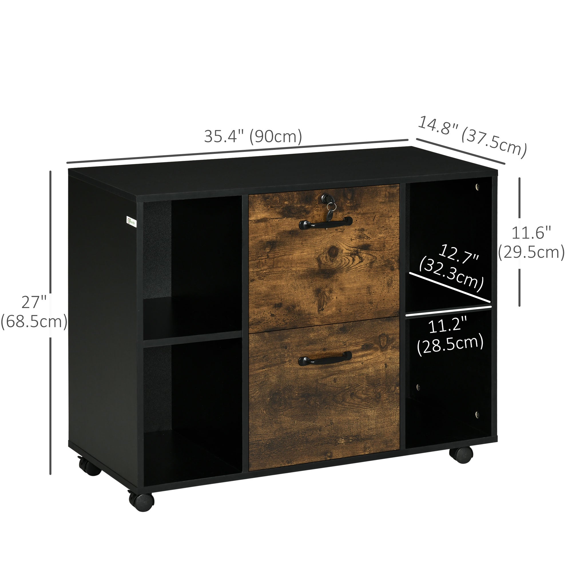 Lateral Filing Cabinet with Wheels and Lockable Drawer, File Cabinet, Mobile Printer Stand with Open Shelves for Letter and A4 Size Documents, Rustic Brown Office Cabinets & Cupboards at Gallery Canada