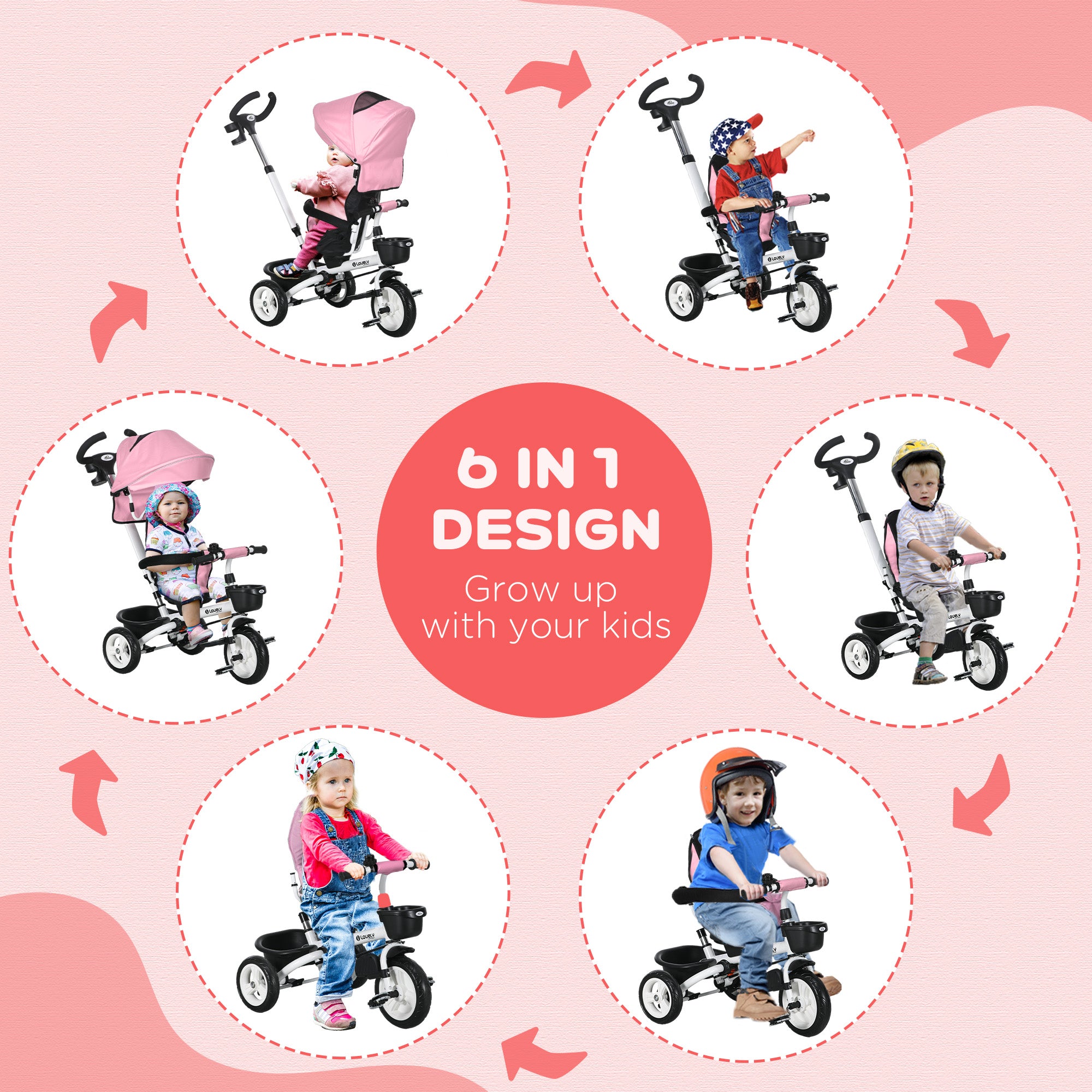 6 in 1 Toddler Tricycle with Parent Push Handle, Canopy, Storage Baskets, Cupholder, Pink Tricycles for Kids at Gallery Canada