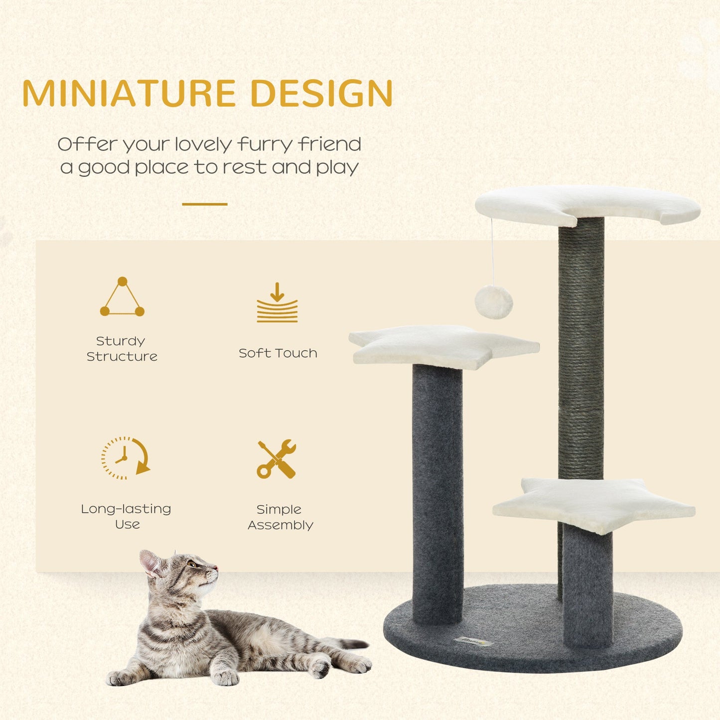 30" Cat Tree Kitty Activity Center Climbing Toy Rest Pet Furniture with Sisal Scratching Post Moon Star Shaped Perch Hanging Ball Grey, White Cat Posts   at Gallery Canada