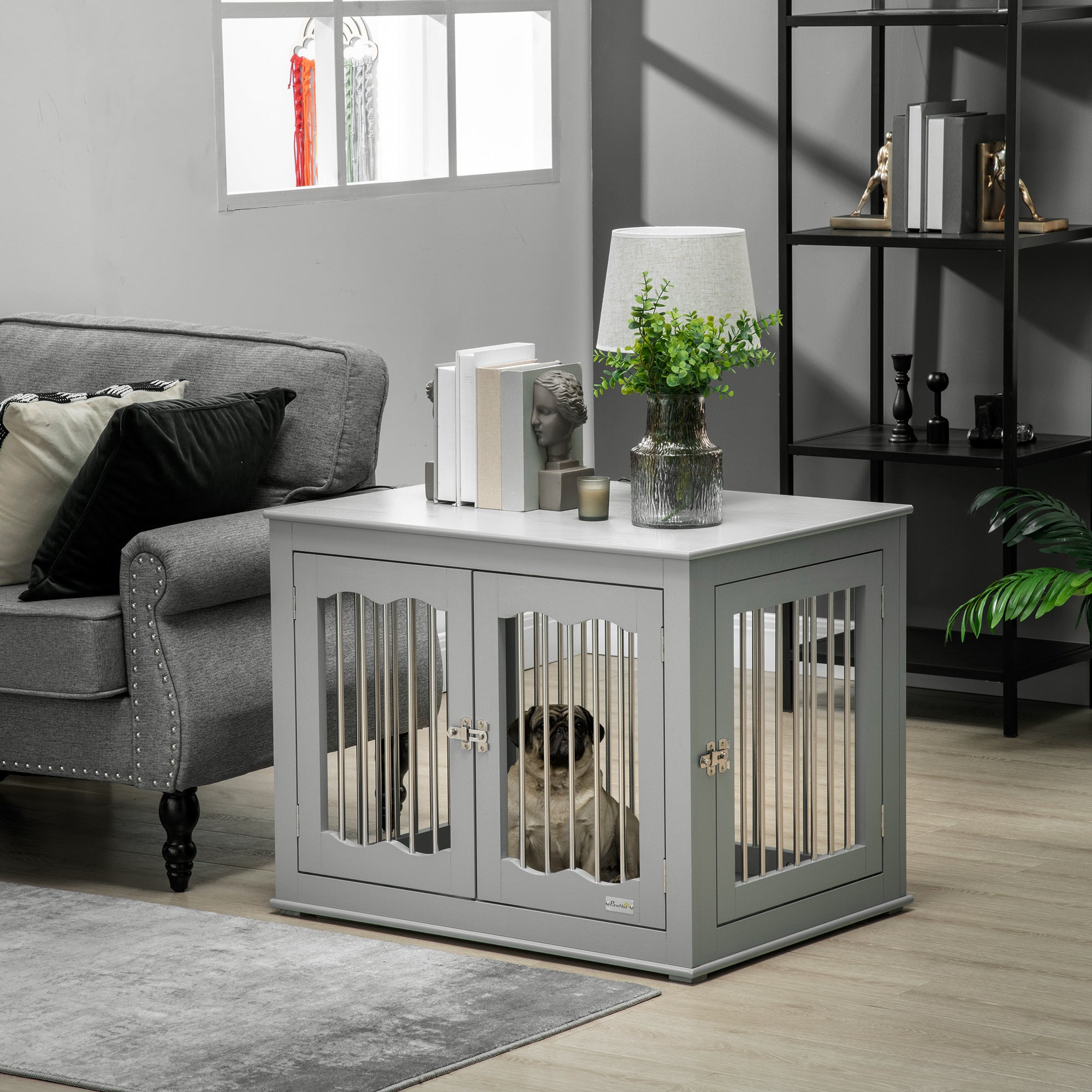 Dog Crate Furniture, Dog Kennel with Three Doors, Locks and Latches, Indoor Use, for Medium Dogs, Grey Houses, Kennels & Pens Grey  at Gallery Canada