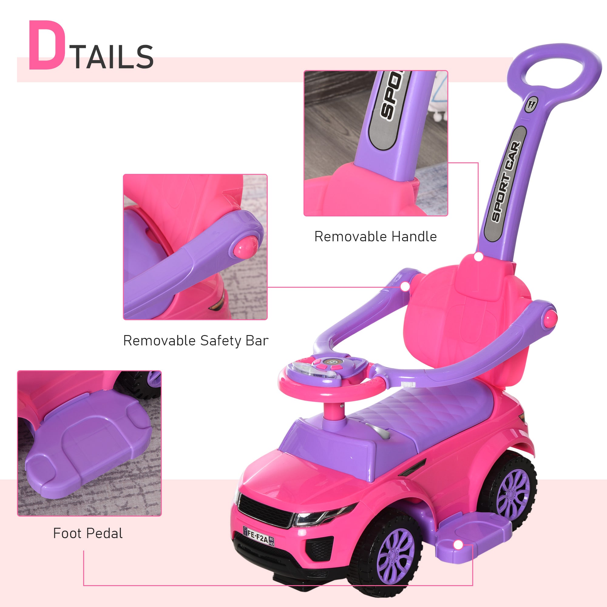 2 In 1 Kid Ride on Push Car Stroller Sliding Ride on Car with Horn Music Light Function Secure Bar Ride on Toy for Boy Girl Toddlers 1-3 Years Old Pink Push Cars for Toddlers at Gallery Canada