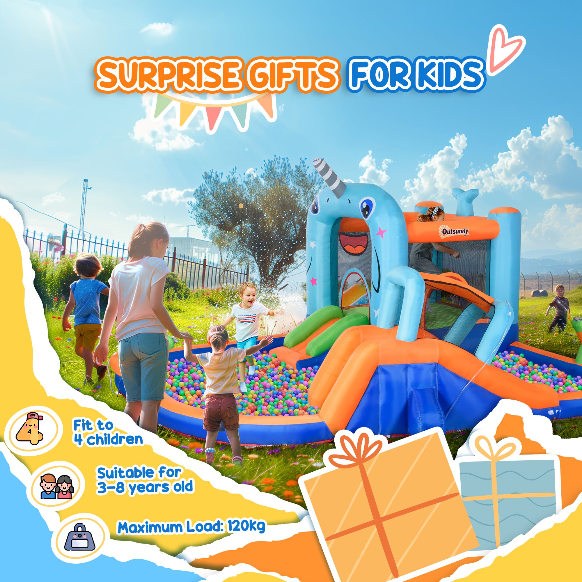 5-in-1 Inflatable Water Slide, Narwhals Style Kids Castle Bounce House Includes with Slide Trampoline Pool Water Gun Climbing Wall, Carry Bag, 450W Air Blower Inflatables at Gallery Canada