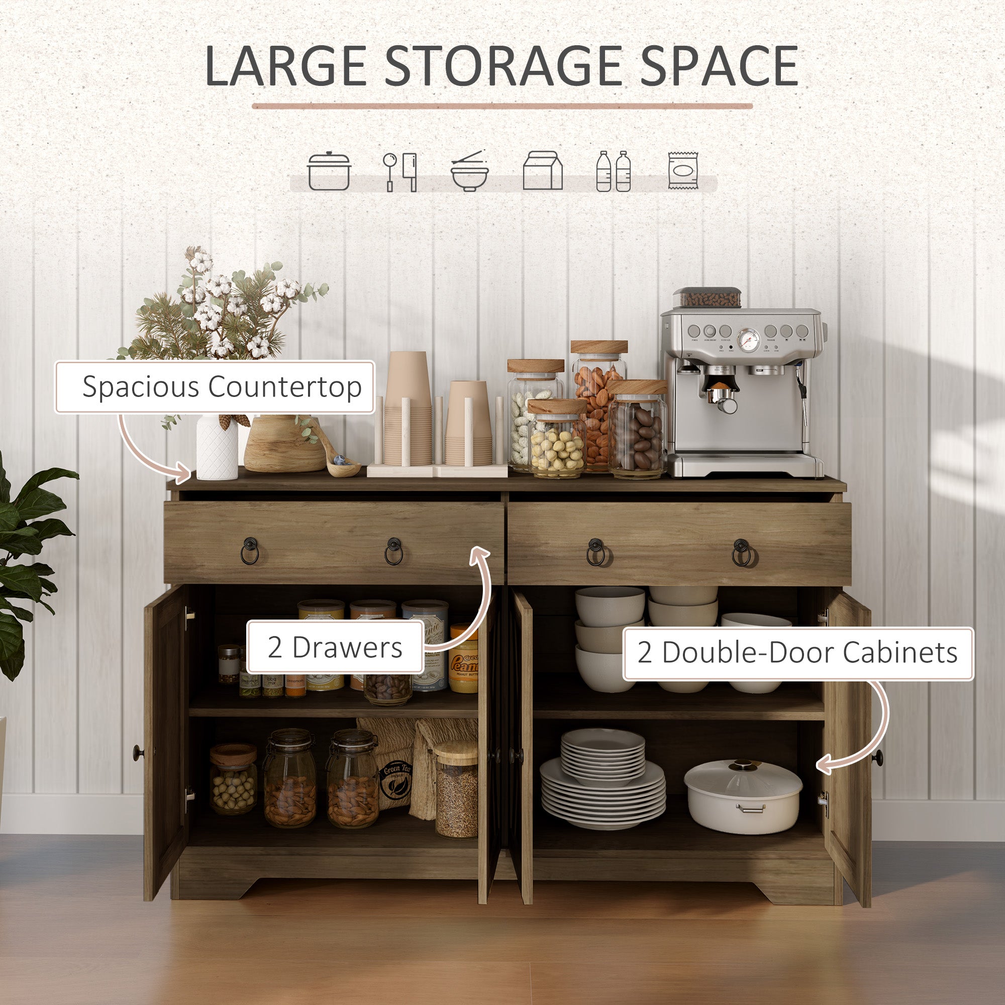 Sideboard Cabinet with 2 Drawers, 4 Barn Doors and 2 Adjustable Shelves, Buffet Table for Living Room, Light Brown Bar Cabinets at Gallery Canada