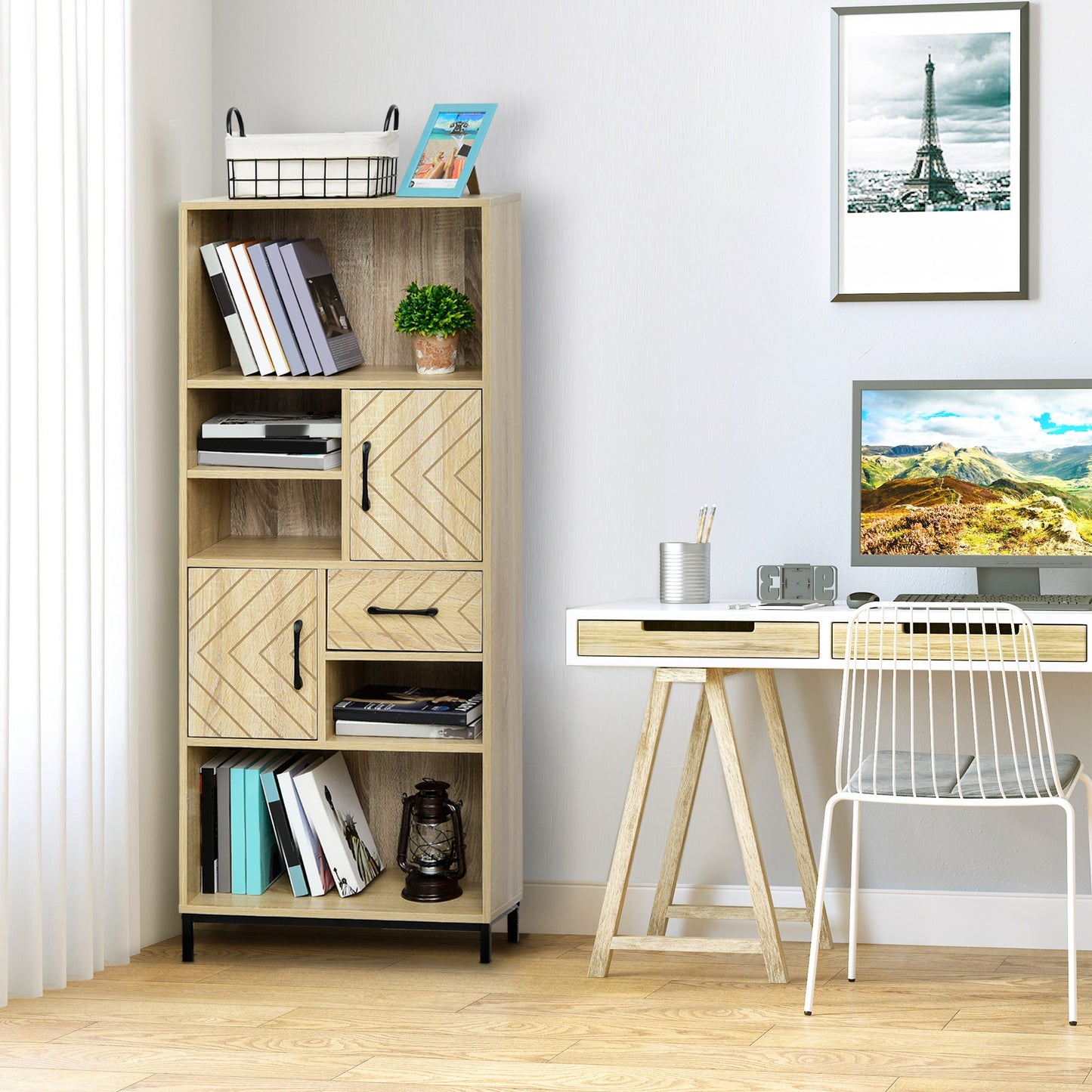 59" Wooden Bookcase With Door Cabinets, Drawer, Open Compartments, Freestanding Display Shelf, Organizer for Home and Office Bookcases With Doors   at Gallery Canada