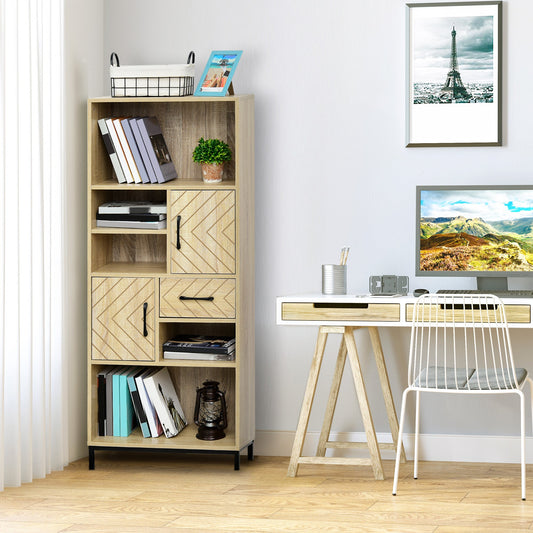 59" Wooden Bookcase With Door Cabinets, Drawer, Open Compartments, Freestanding Display Shelf, Organizer for Home and Office Bookcases With Doors Natural  at Gallery Canada