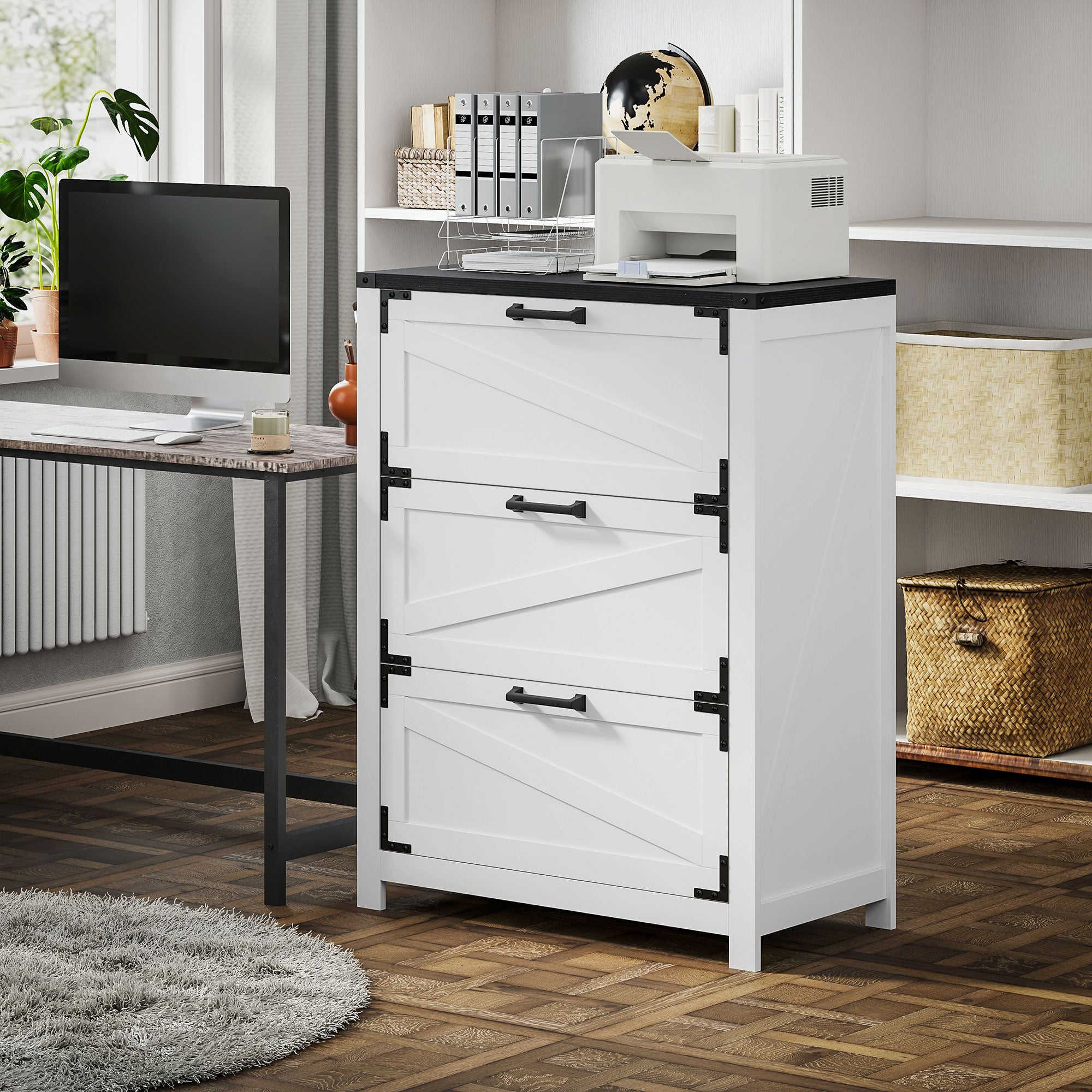 3 Drawer Filing Cabinet, Farmhouse Office Storage Cabinet with Adjustable Hanging Bars for Letter, A4, Legal Size, White Office Cabinets & Cupboards at Gallery Canada