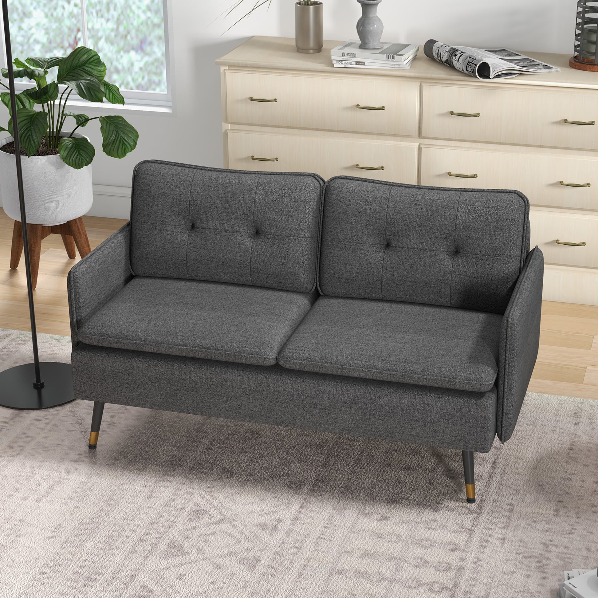 Modern 55" Loveseat, Fabric Love Seat Sofa with Button Tufted Back, Steel Legs for Bedroom, Living Room, Dark Grey 2-Seater Sofas   at Gallery Canada