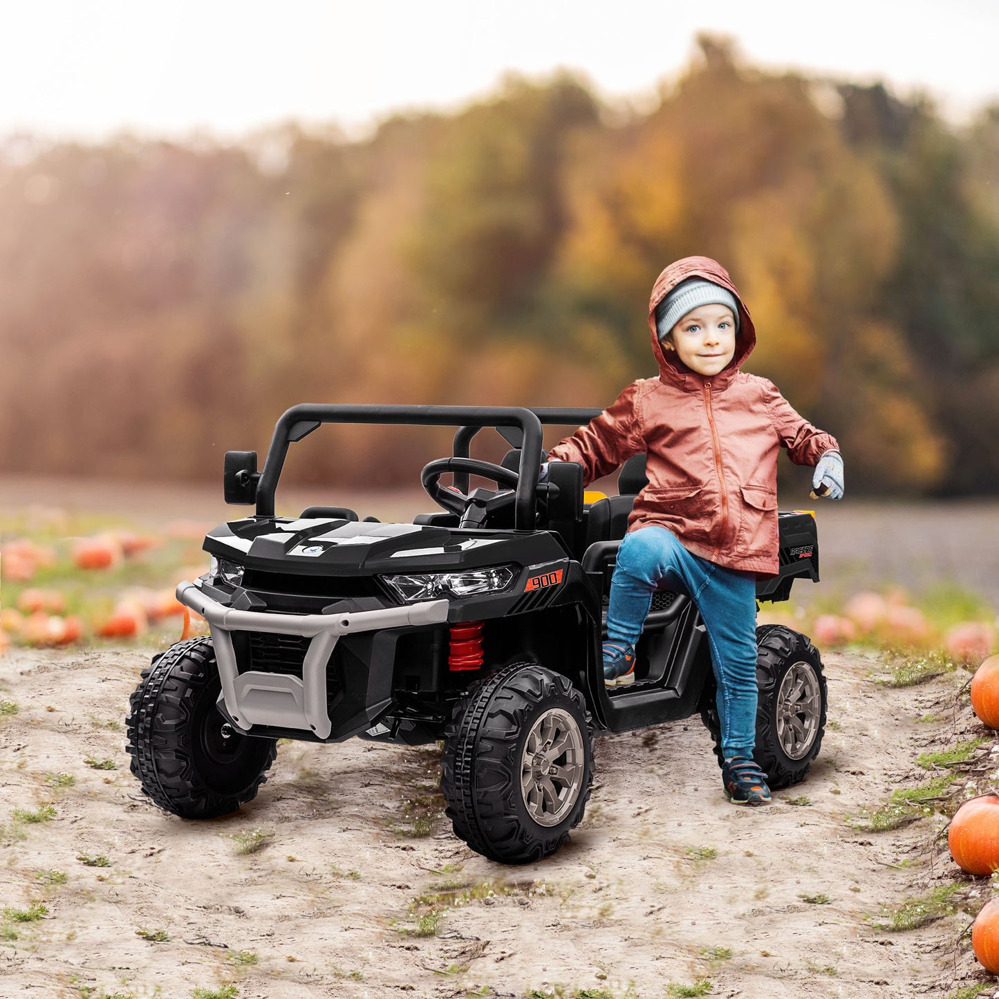 12V Ride on Car with Electric Bucket, Two-Seater, Shovel, Remote Control, Spring Suspension, Horn, Music, Black Electric Toy Cars Black  at Gallery Canada