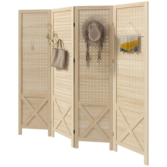 4.7' 4 Panel Wooden Room Divider with Pegboard Display, Folding Privacy Screen for Home Office, Natural Room Dividers at Gallery Canada