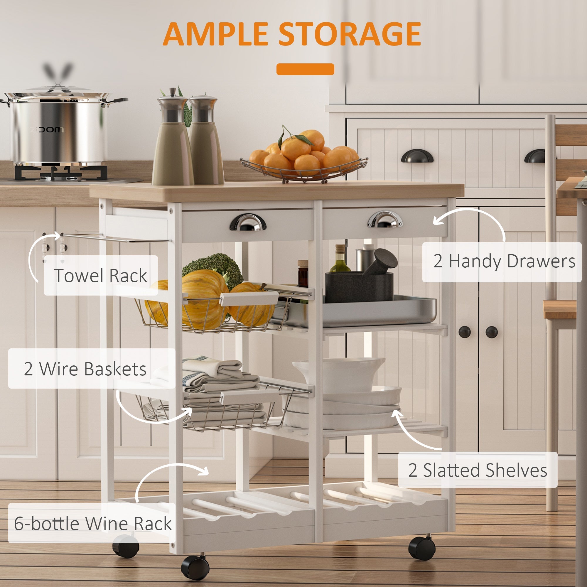 Rolling Kitchen Island Trolley Serving Cart Wheeled Storage Cabinet w/ Basket Shelves and Drawers White Kitchen Islands & Kitchen Carts   at Gallery Canada