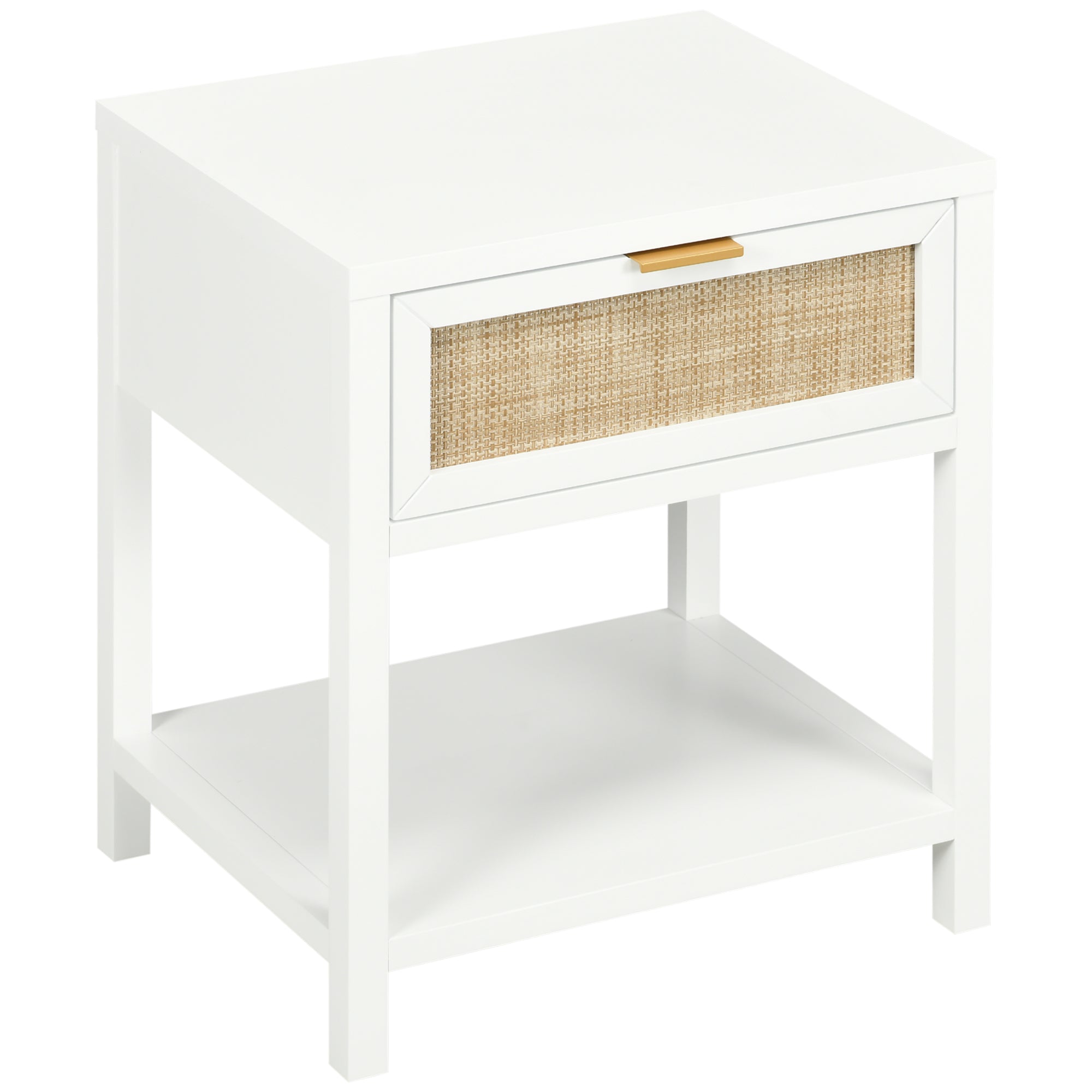 Boho Nightstand, Bedside Table with Rattan Drawer and Open Shelf, Side End Table for Bedroom, Living Room Bedside Tables White at Gallery Canada