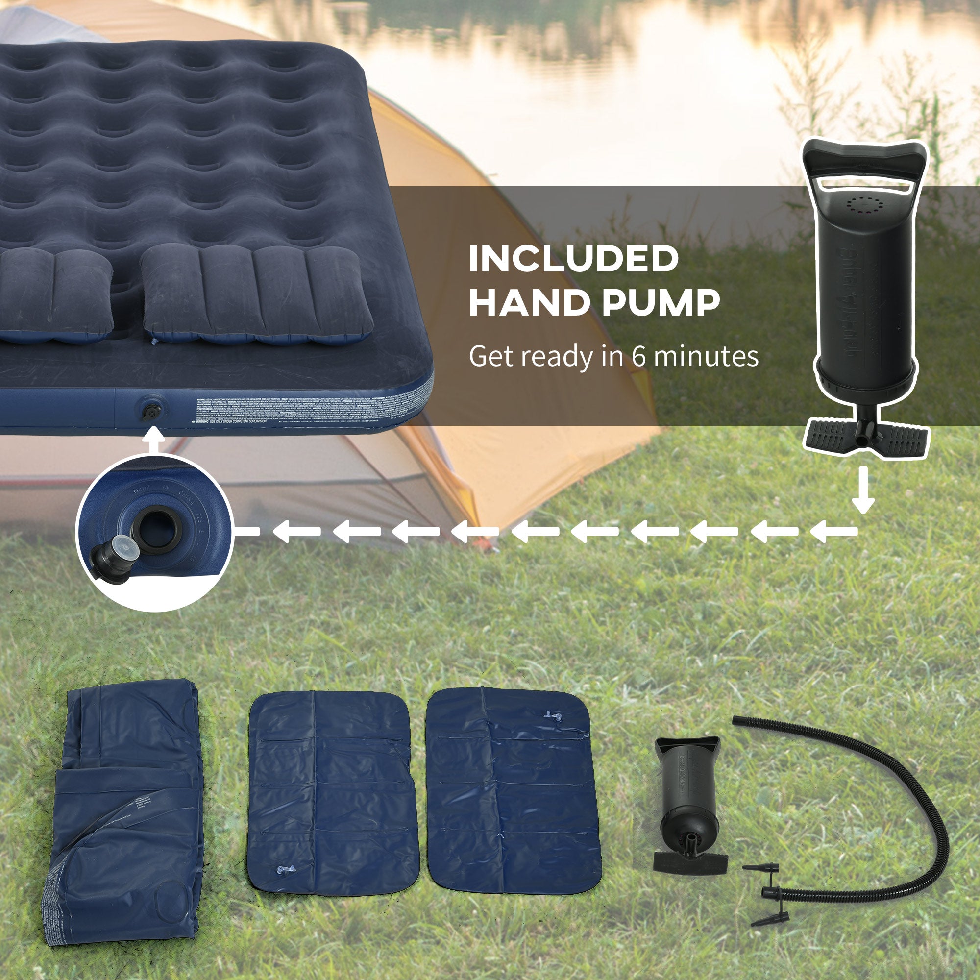 Queen Size Air Mattress Camping Air Bed with 2 Pillows and Hand Pump, Blue Camping Cots at Gallery Canada