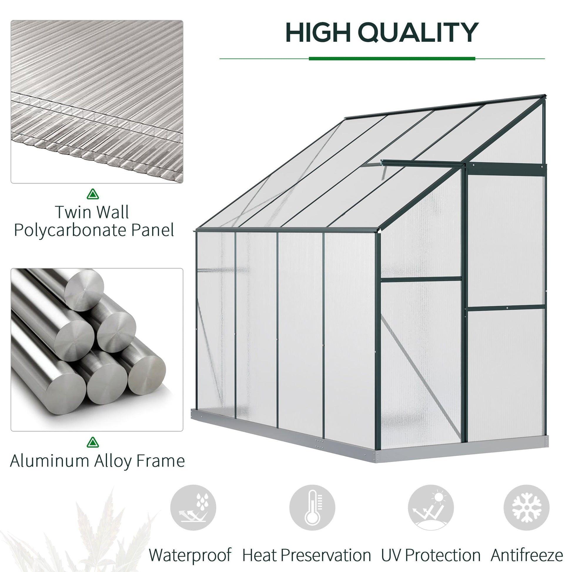 Walk-In Garden Greenhouse Aluminum Polycarbonate with Roof Vent for Plants Herbs Vegetables 8' x 4' x 7' Silver Walk In Greenhouses   at Gallery Canada