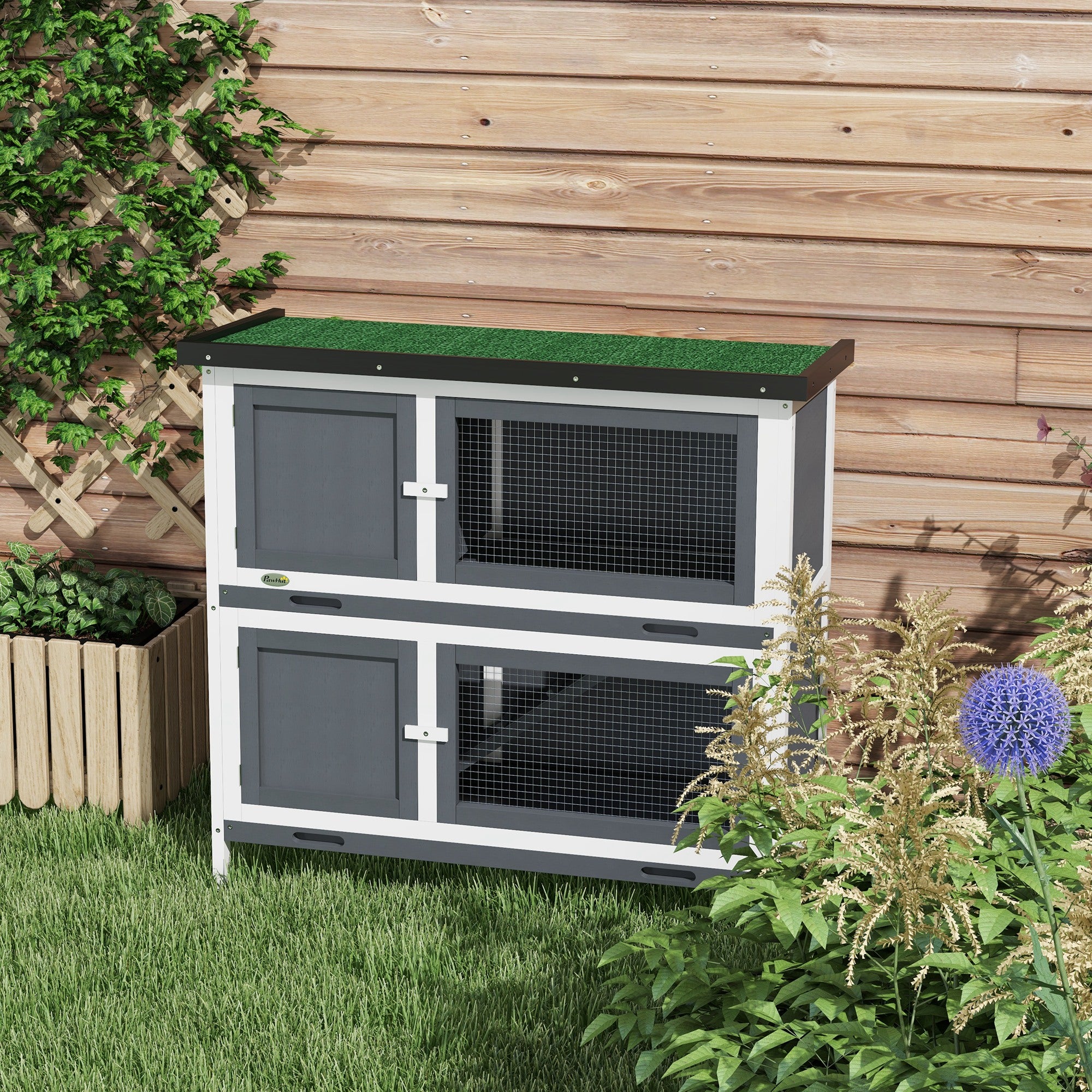 Wood Rabbit Hutch with 2 Large Main House, Ramp, Trays, Grey Rabbit Hutch at Gallery Canada