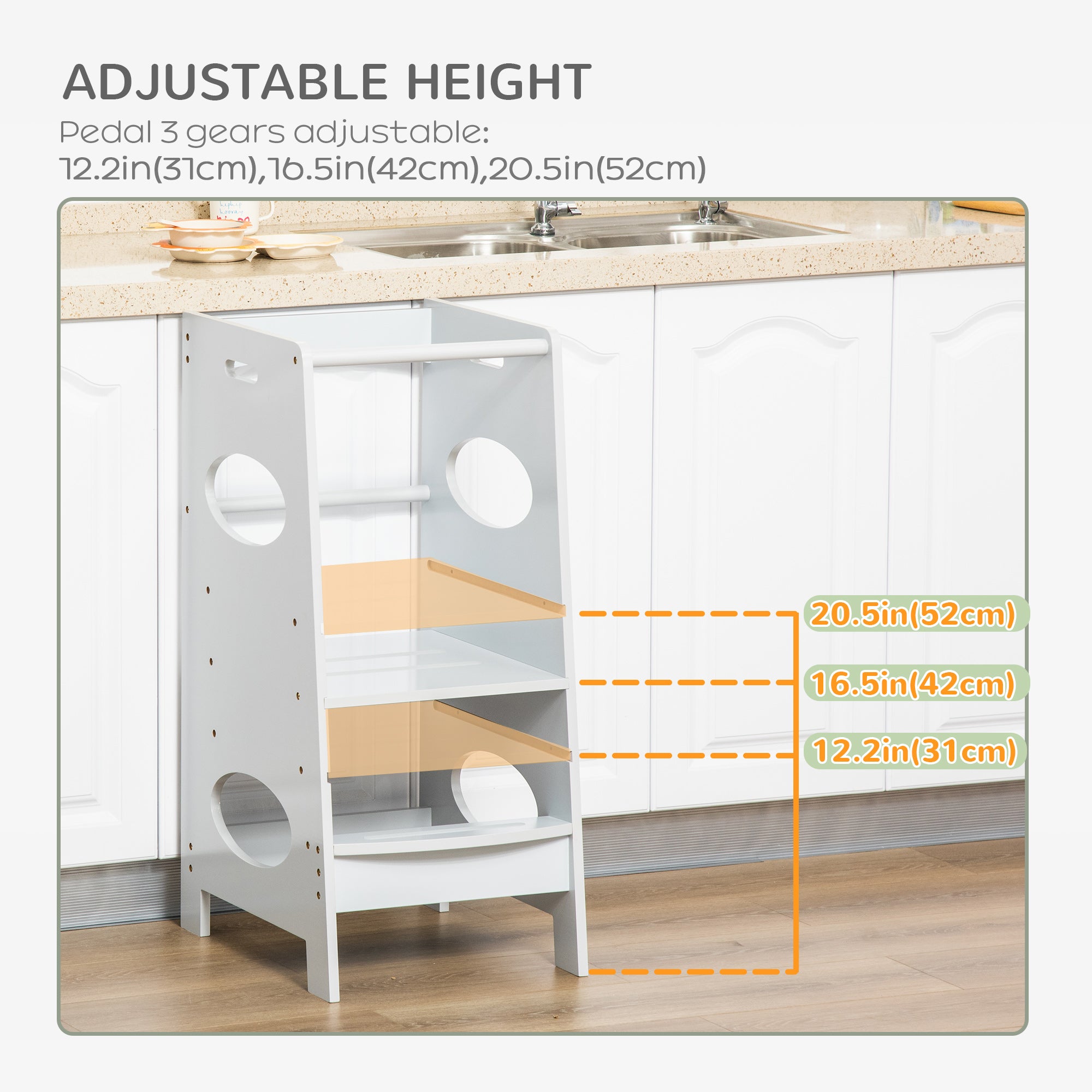 Toddler Tower Kitchen Helper with 3-Level Adjustable Height, Heavy-Duty Kids Step Stool with Safety Rail, Grey Toddler & Kids Step Stools at Gallery Canada