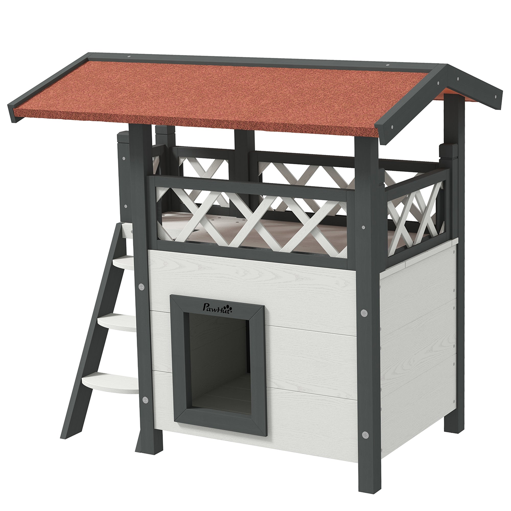 Wooden 2-Story Shelter for Feral Cats with Asphalt Roof, Stairs, Balcony, 30