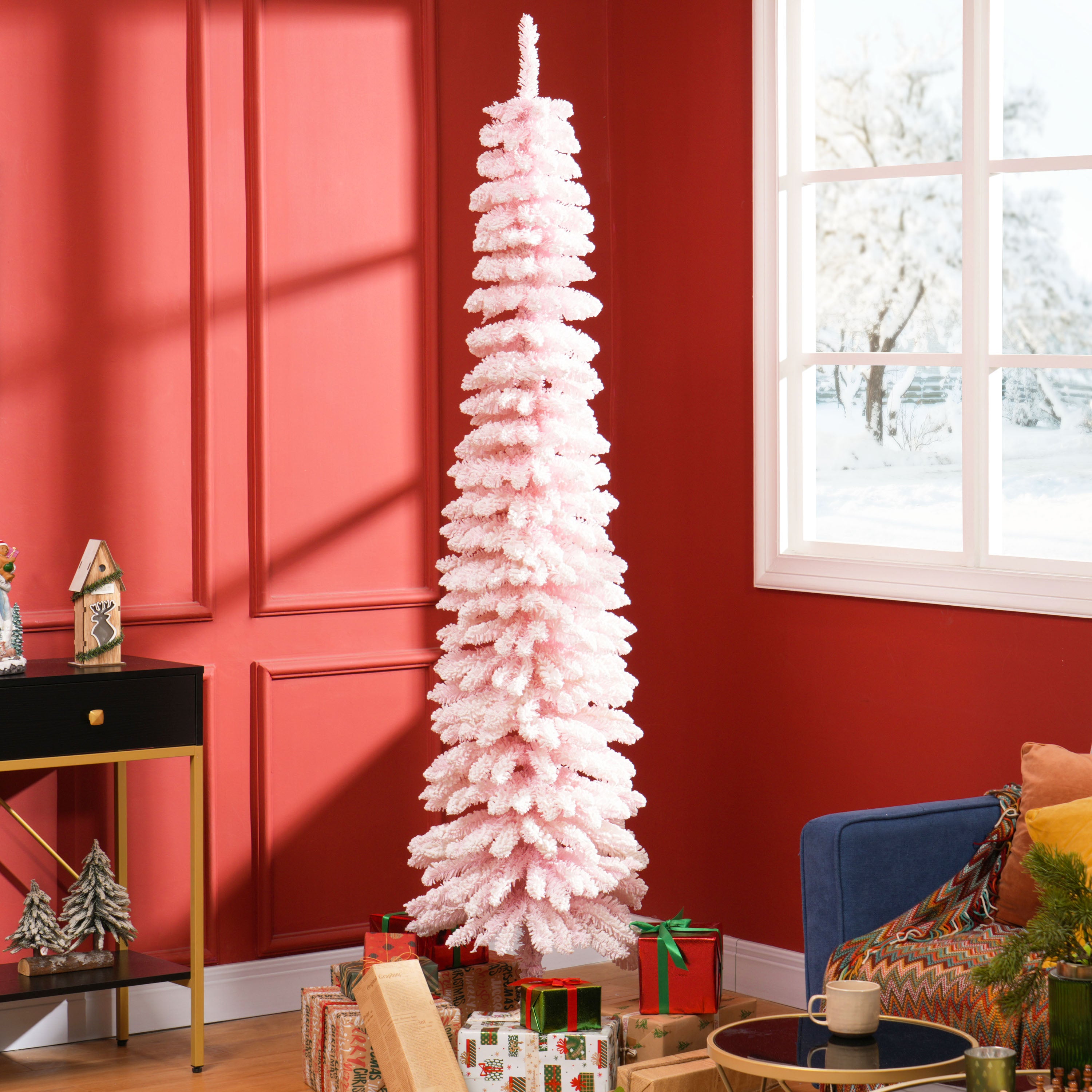 7ft Snow-Flocked Artificial Christmas Tree, Slim Pencil Xmas Tree with 490 Realistic Branches, Metal Base, Pink Flocked Christmas Trees Pink at Gallery Canada