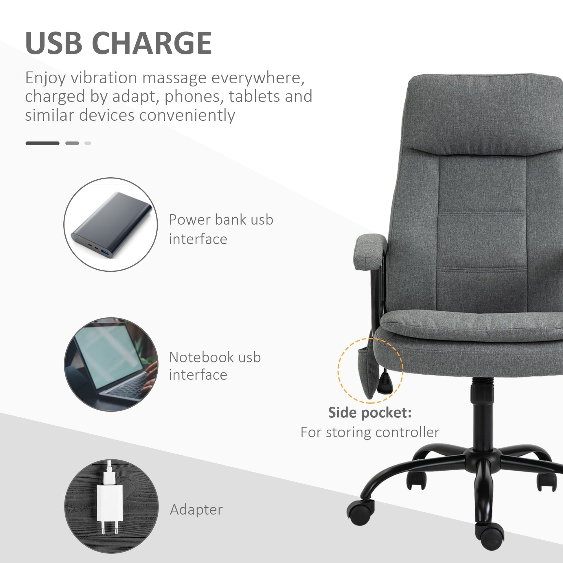 Office Chair 2-Point Massage Executive Ergonomic USB Power Adjustable Height 360° Swivel Grey Massage Chairs   at Gallery Canada