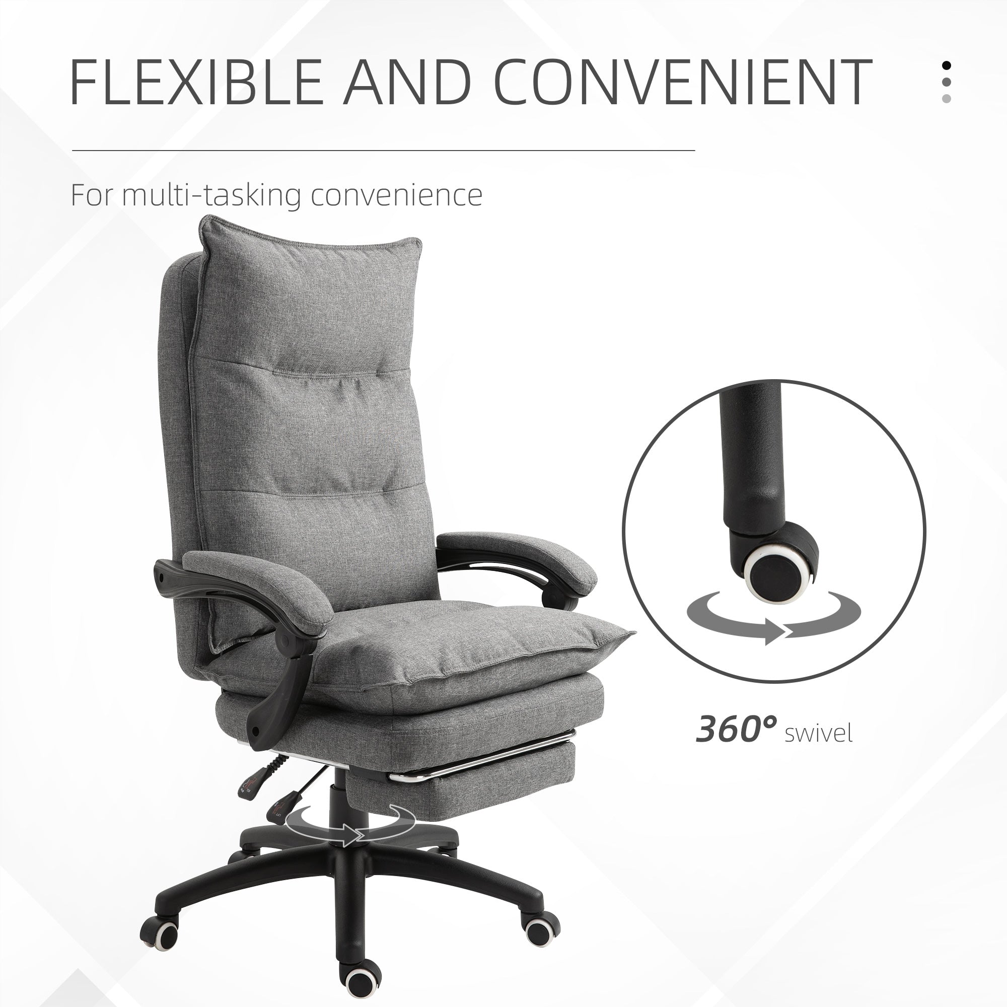 Office Chair 360° Swivel Adjustable Height Linen Style Fabric Recliner with Retractable Footrest and Double Padding, Grey Executive & Manager Chairs   at Gallery Canada