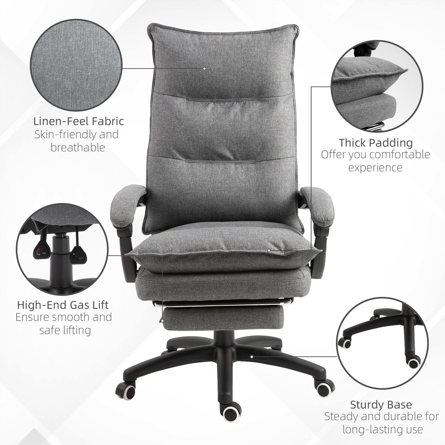 Office Chair 360° Swivel Adjustable Height Linen Style Fabric Recliner with Retractable Footrest and Double Padding, Grey Executive & Manager Chairs   at Gallery Canada