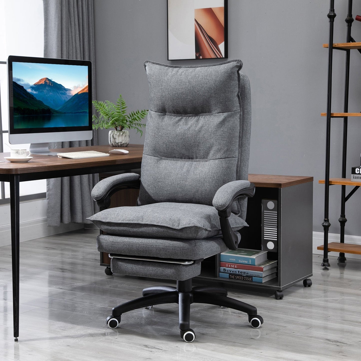 Office Chair 360° Swivel Adjustable Height Linen Style Fabric Recliner with Retractable Footrest and Double Padding, Grey Executive & Manager Chairs   at Gallery Canada