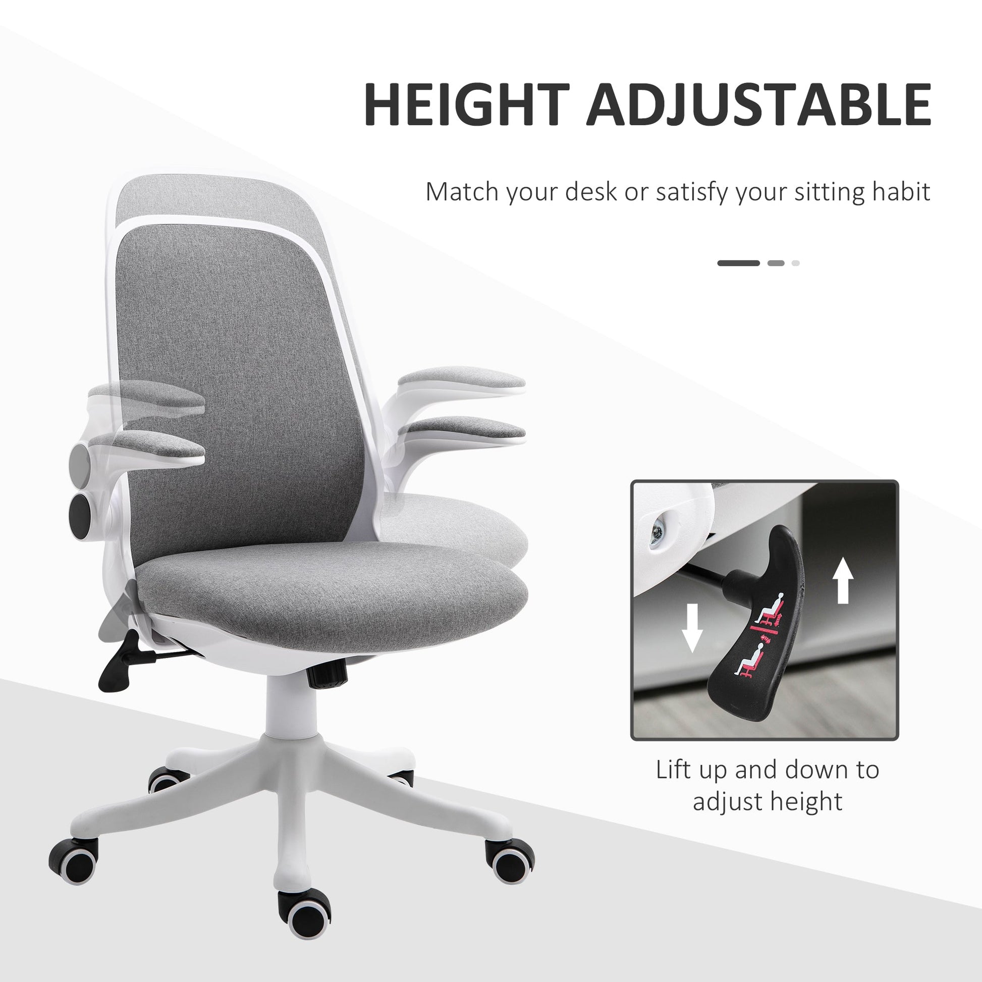 Office Chair 360° Swivel Task Desk Breathable Fabric Computer Chair with Flip-up Arms and Adjustable Height, Grey Task Chairs   at Gallery Canada