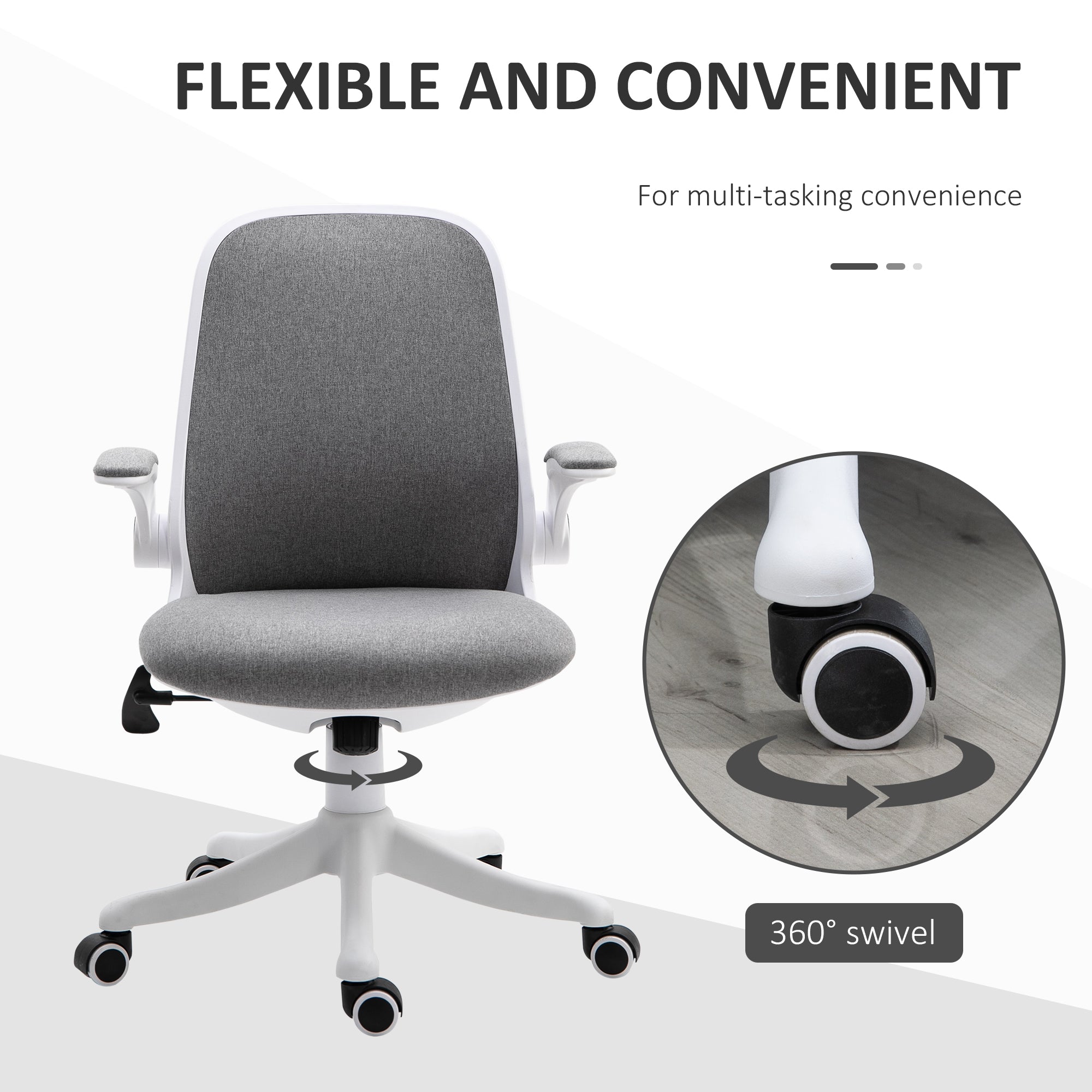 Office Chair 360° Swivel Task Desk Breathable Fabric Computer Chair with Flip-up Arms and Adjustable Height, Grey Task Chairs   at Gallery Canada