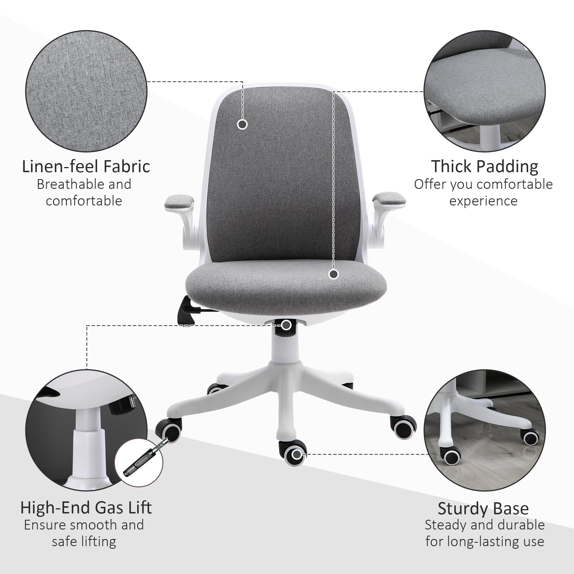 Office Chair 360° Swivel Task Desk Breathable Fabric Computer Chair with Flip-up Arms and Adjustable Height, Grey Task Chairs   at Gallery Canada