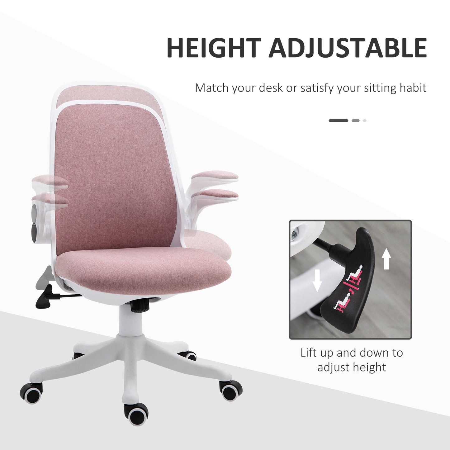 Office Chair 360° Swivel Task Desk Breathable Fabric Computer Chair with Flip-up Arms and Adjustable Height, Pink - Gallery Canada