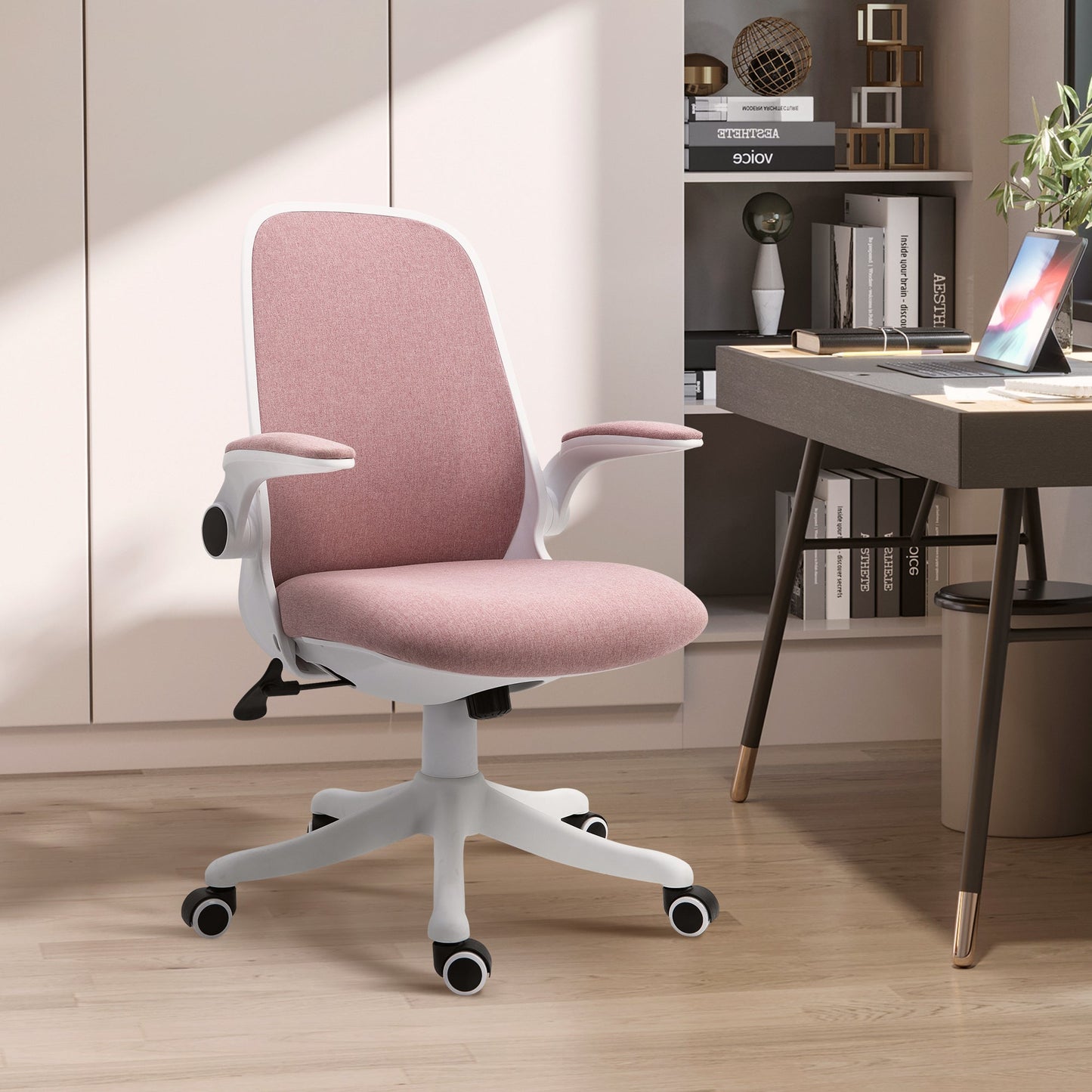 Office Chair 360° Swivel Task Desk Breathable Fabric Computer Chair with Flip-up Arms and Adjustable Height, Pink - Gallery Canada